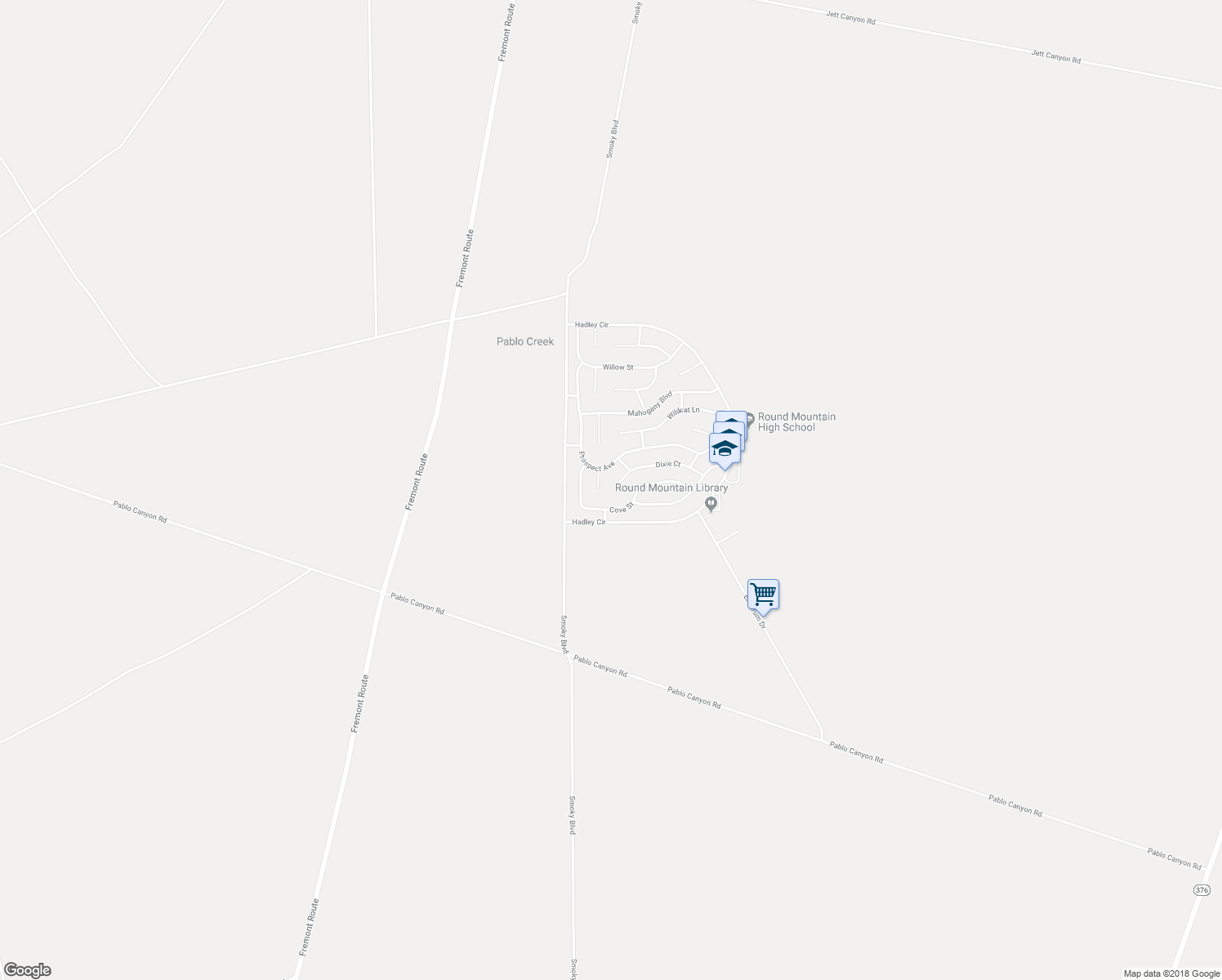 map of restaurants, bars, coffee shops, grocery stores, and more near 2 Dixie Court in Round Mountain