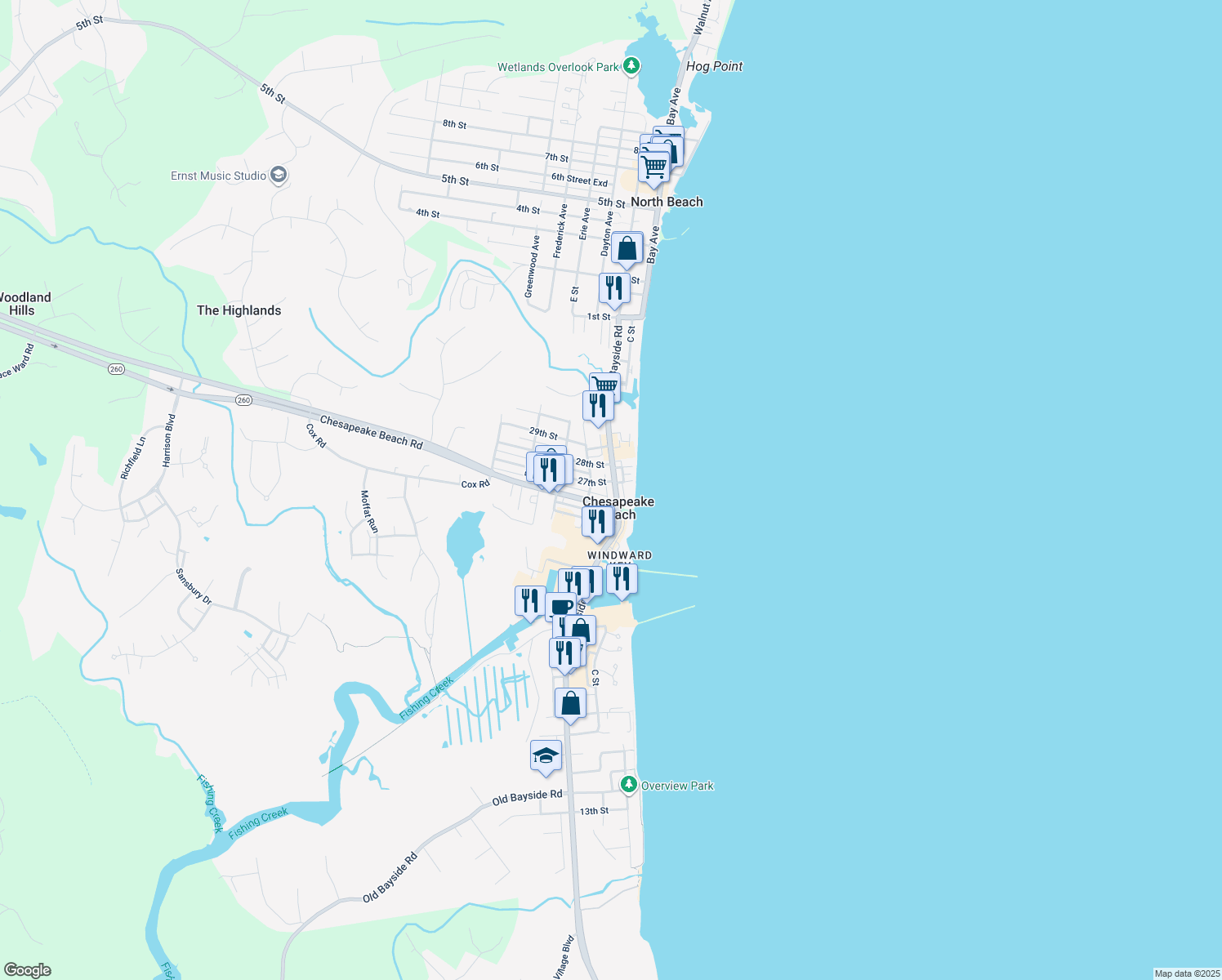 map of restaurants, bars, coffee shops, grocery stores, and more near 8236 Bayside Road in Chesapeake Beach