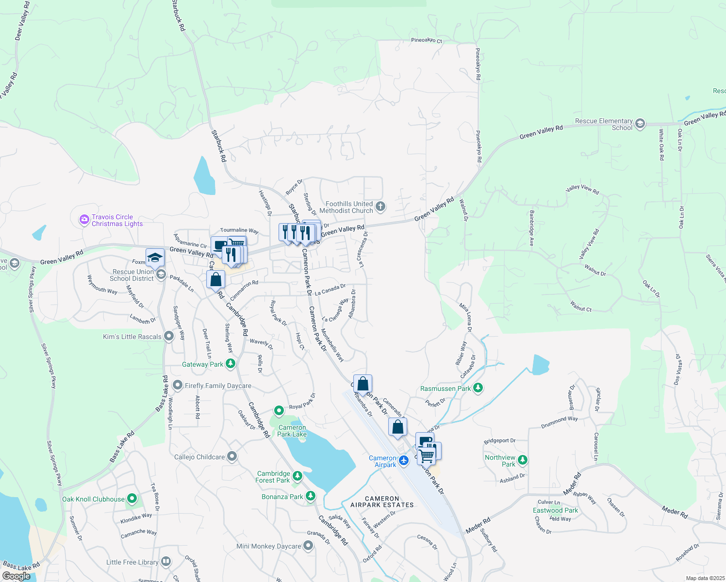 map of restaurants, bars, coffee shops, grocery stores, and more near 2760 La Crescenta Drive in Cameron Park