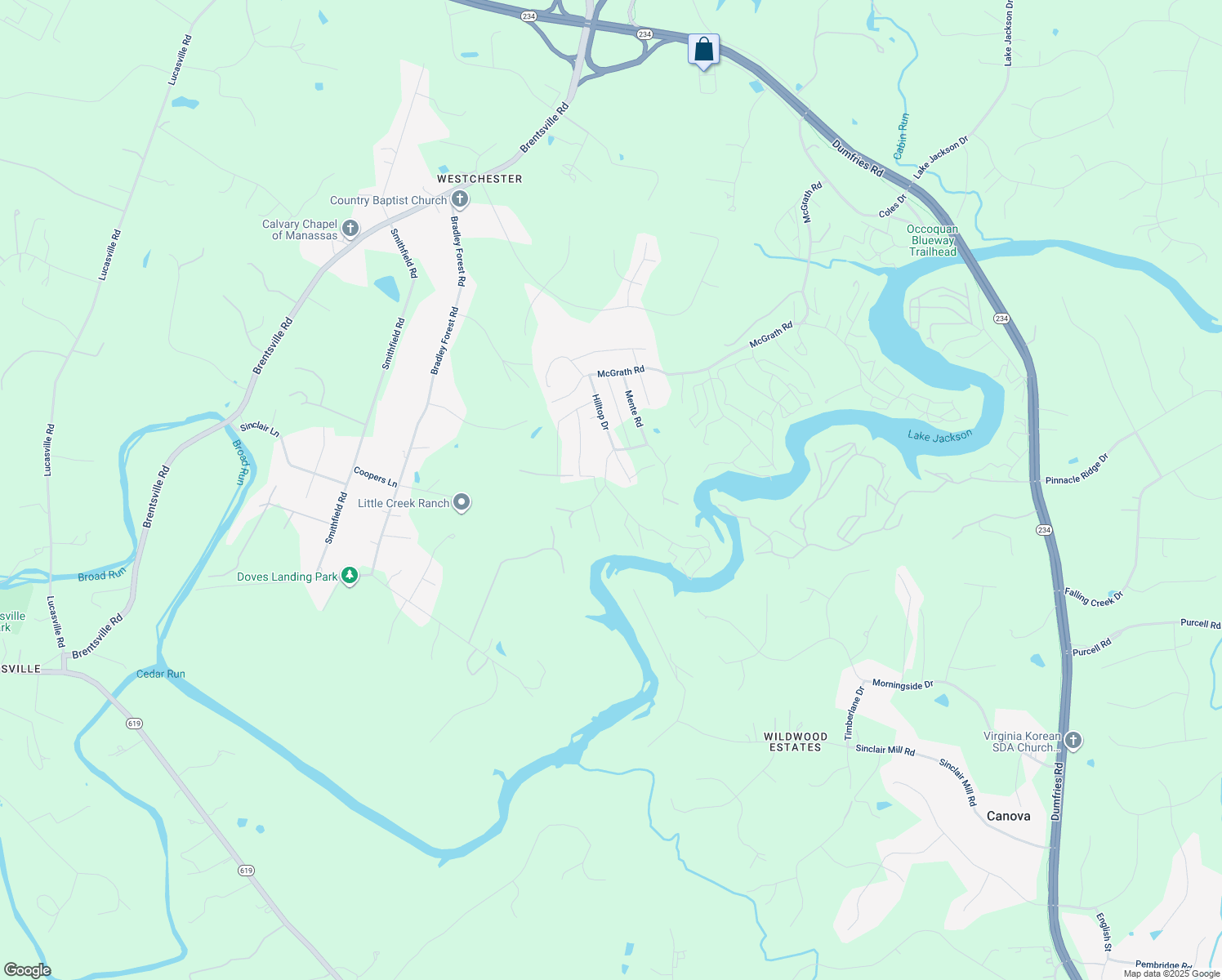 map of restaurants, bars, coffee shops, grocery stores, and more near 11911 Lester Road in Manassas