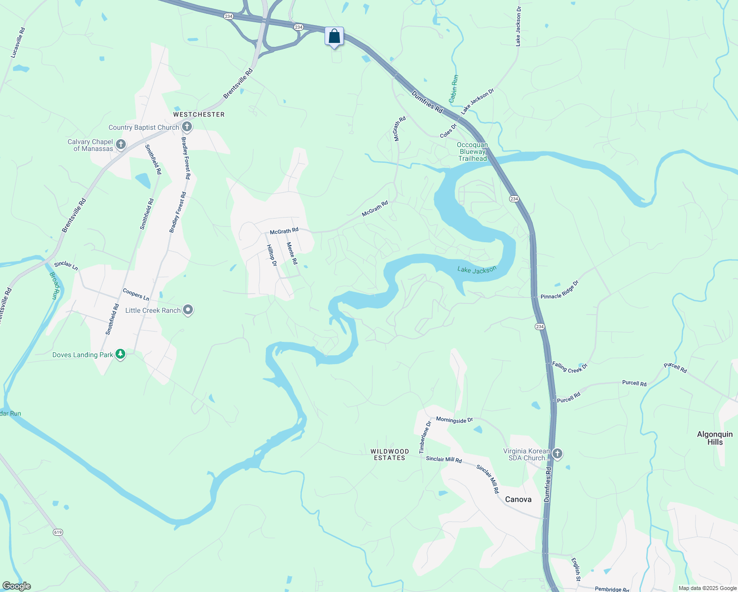 map of restaurants, bars, coffee shops, grocery stores, and more near 11943 Hidden Lake Court in Manassas