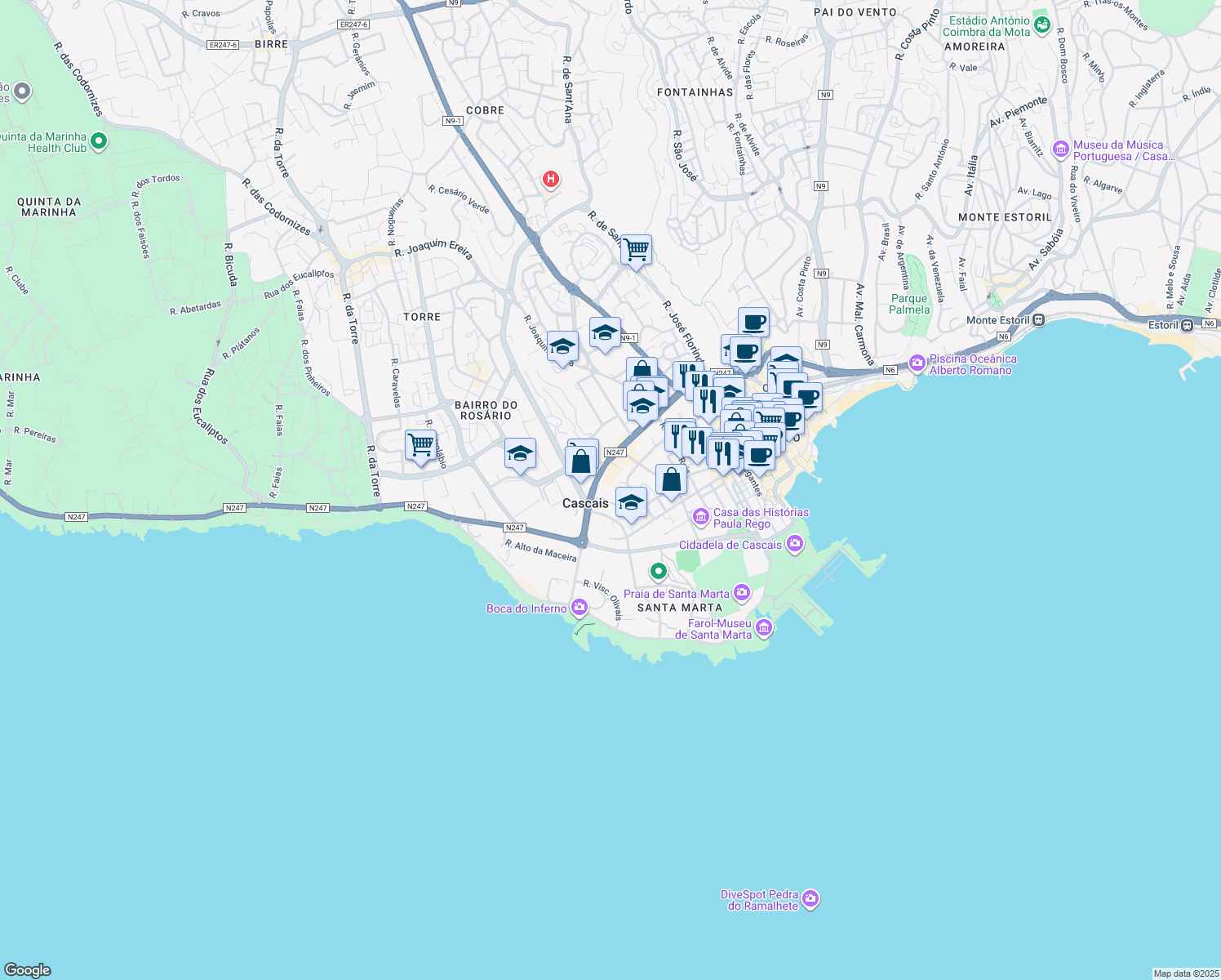 map of restaurants, bars, coffee shops, grocery stores, and more near in Alcabideche