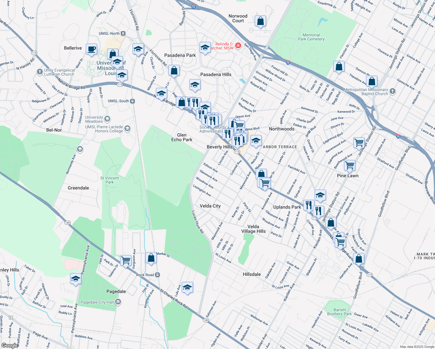 map of restaurants, bars, coffee shops, grocery stores, and more near 7024 Edison Avenue in St. Louis