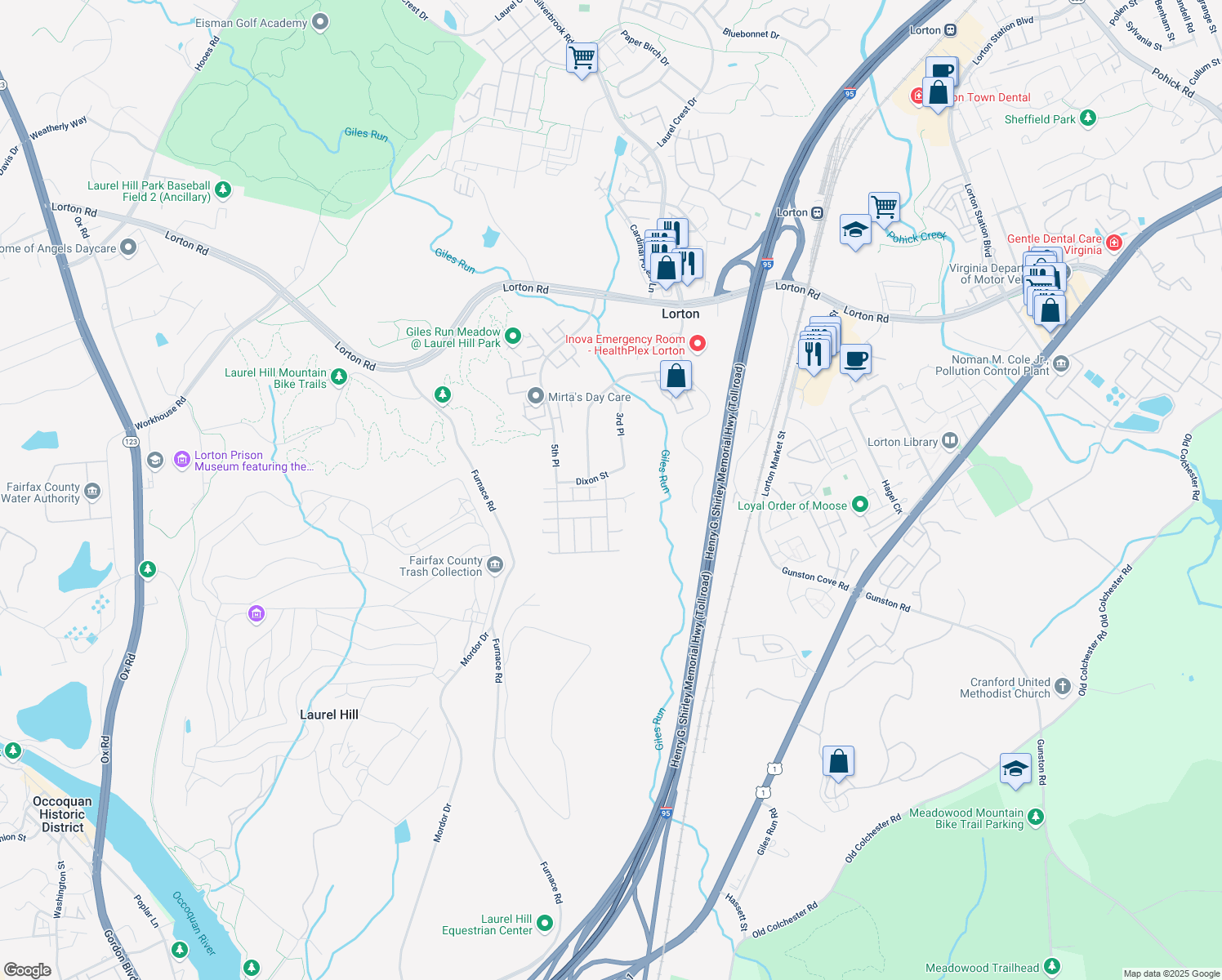 map of restaurants, bars, coffee shops, grocery stores, and more near 9607 Sloway Coast Drive in Lorton