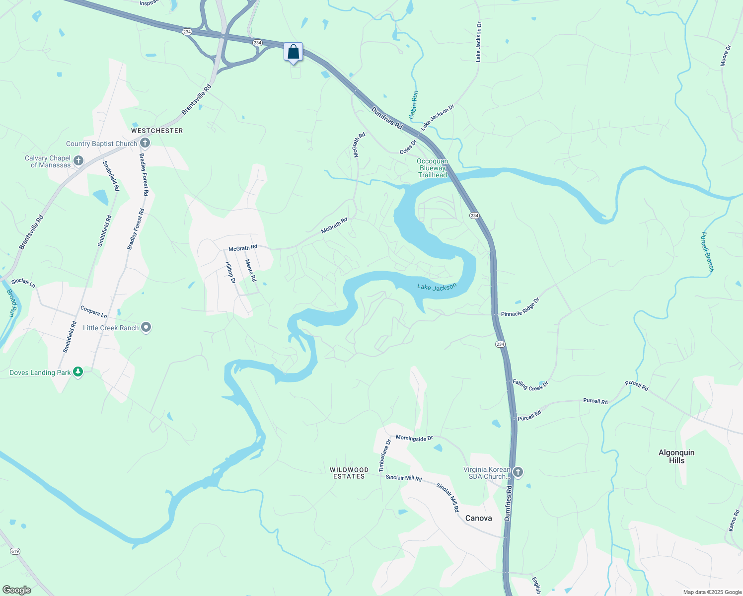 map of restaurants, bars, coffee shops, grocery stores, and more near 8423 Jacqueline Avenue in Manassas
