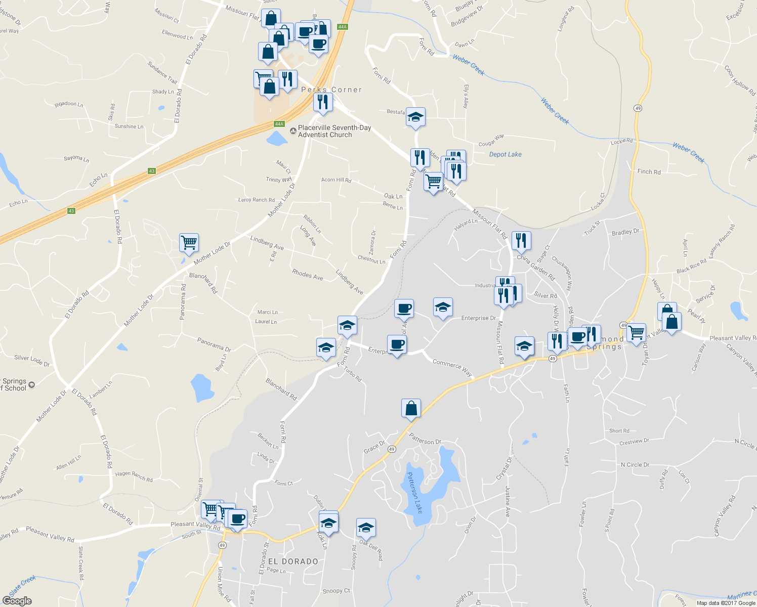 map of restaurants, bars, coffee shops, grocery stores, and more near 4111 Forni Road in Placerville