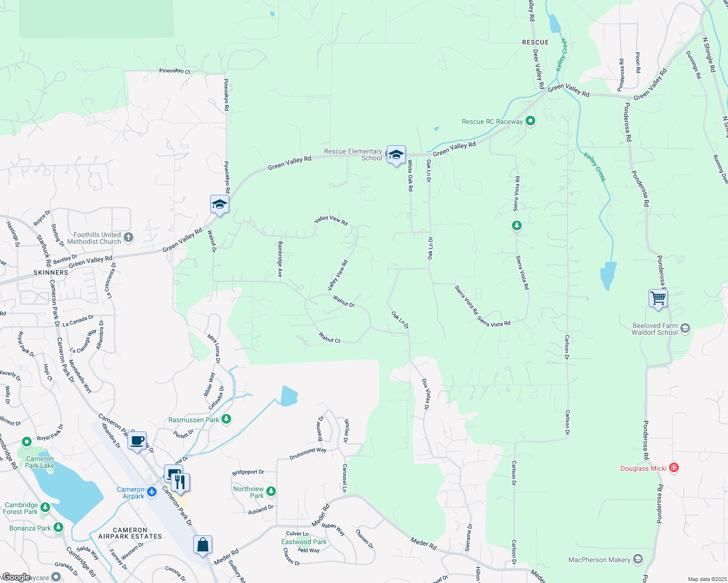 map of restaurants, bars, coffee shops, grocery stores, and more near 3901 Walnut Drive in Rescue