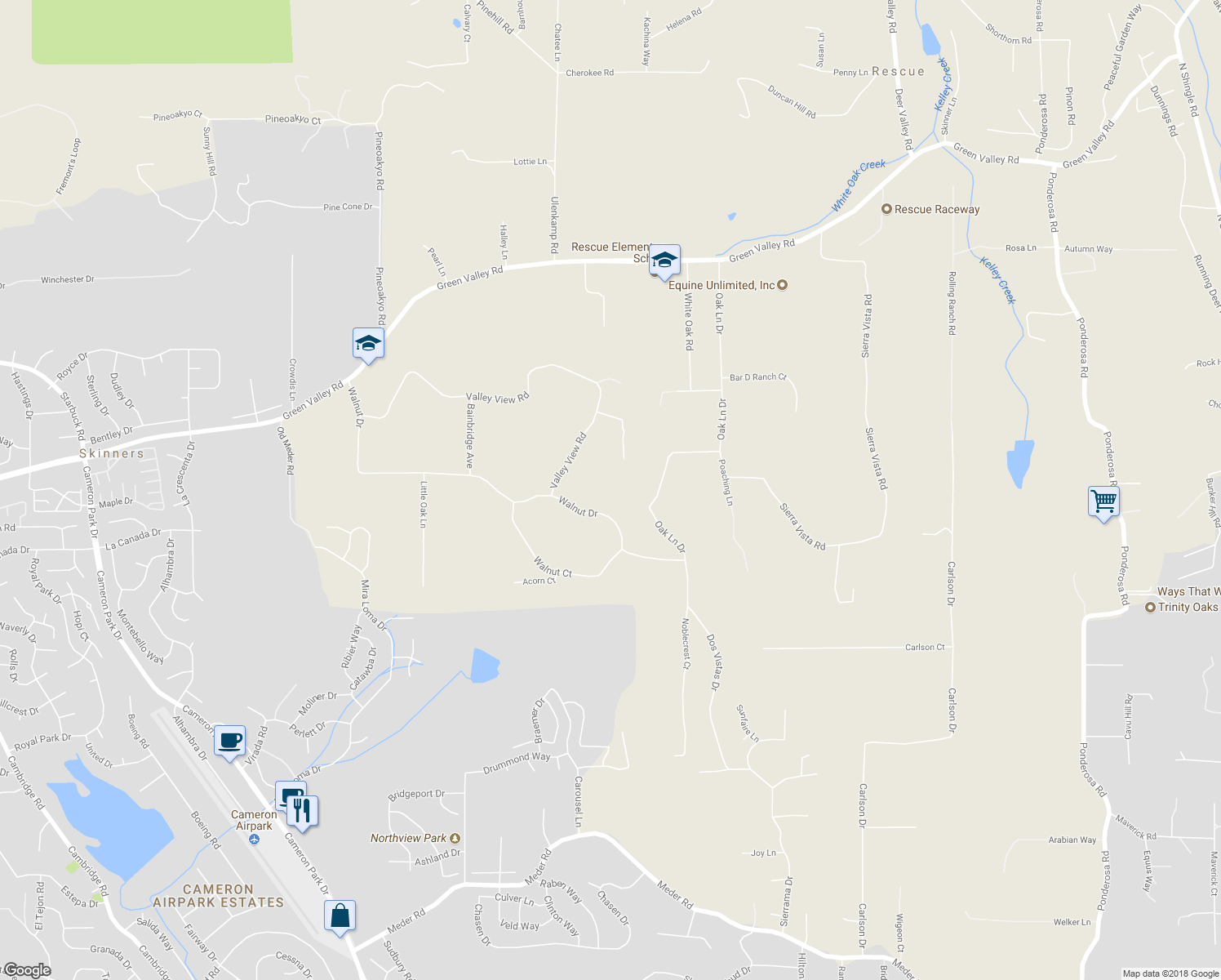 map of restaurants, bars, coffee shops, grocery stores, and more near 3901 Walnut Drive in Rescue