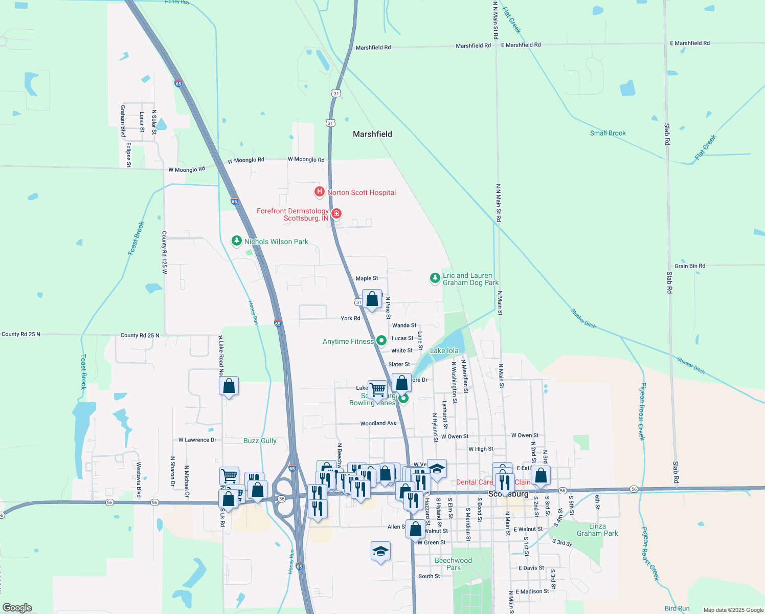 map of restaurants, bars, coffee shops, grocery stores, and more near 744 Frame Street in Scottsburg
