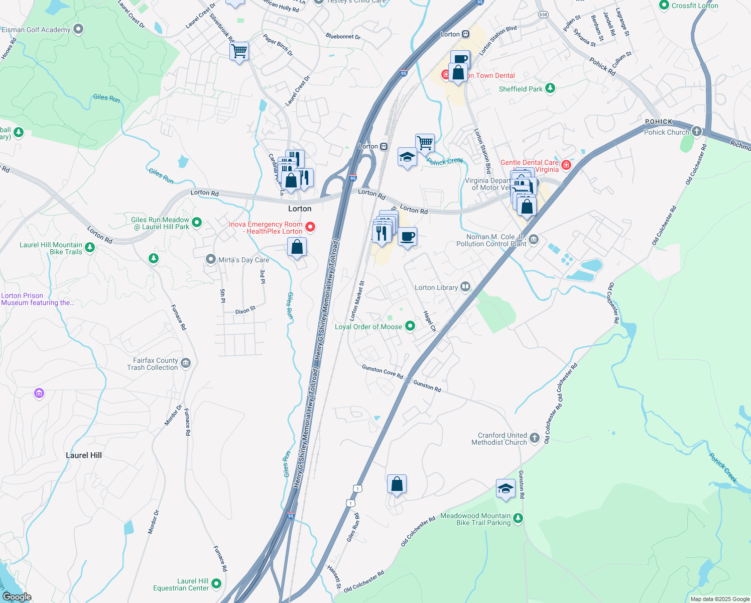 map of restaurants, bars, coffee shops, grocery stores, and more near 8040 Horseshoe Cottage Circle in Lorton