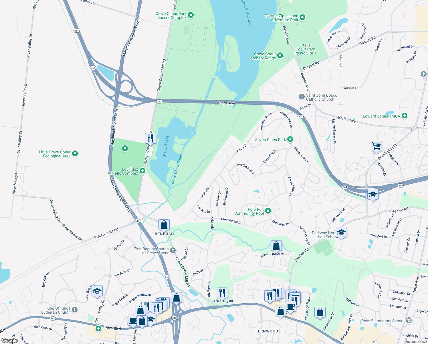 map of restaurants, bars, coffee shops, grocery stores, and more near 2006 Burlewood Drive in St. Louis