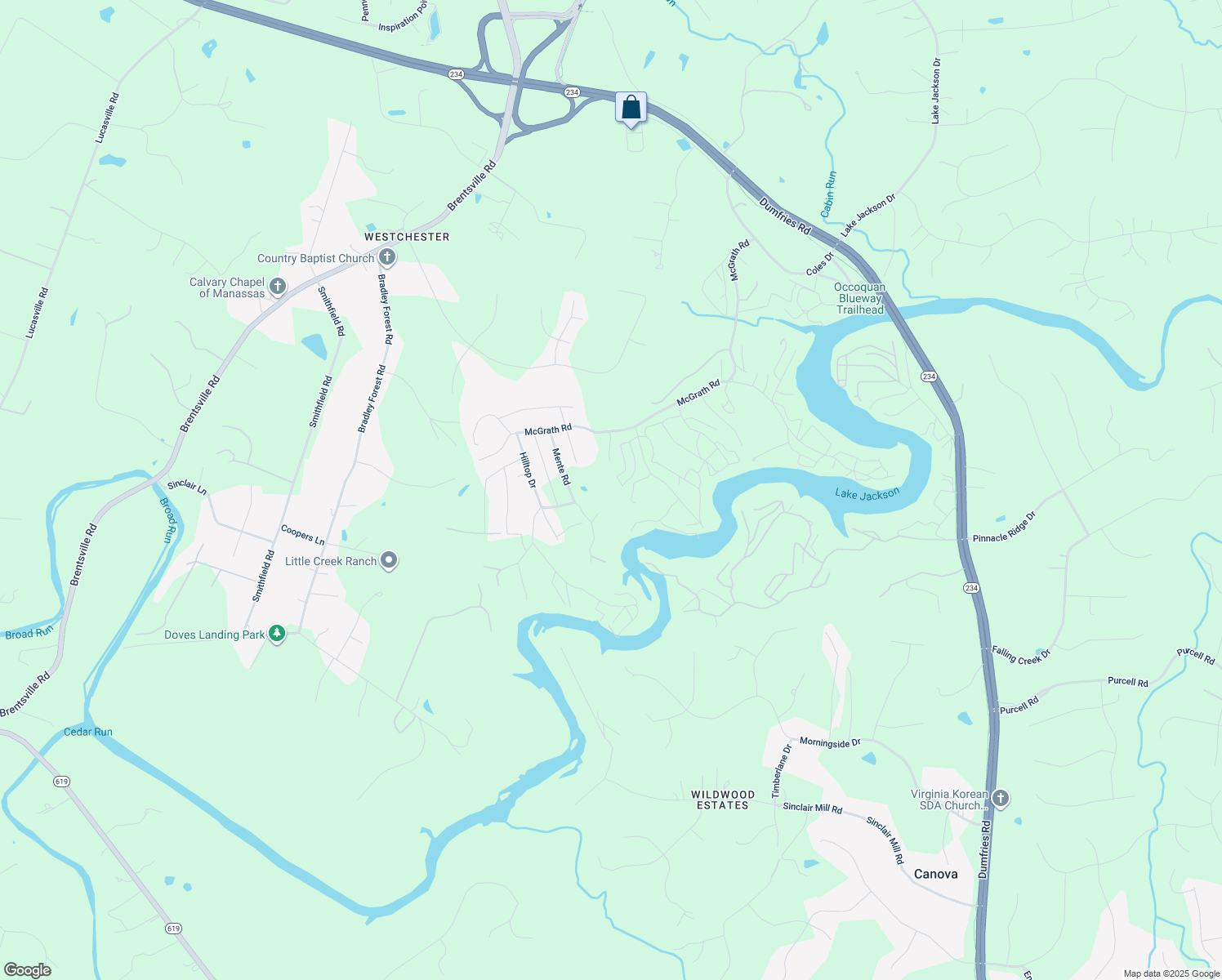 map of restaurants, bars, coffee shops, grocery stores, and more near 8658 M Street in Manassas