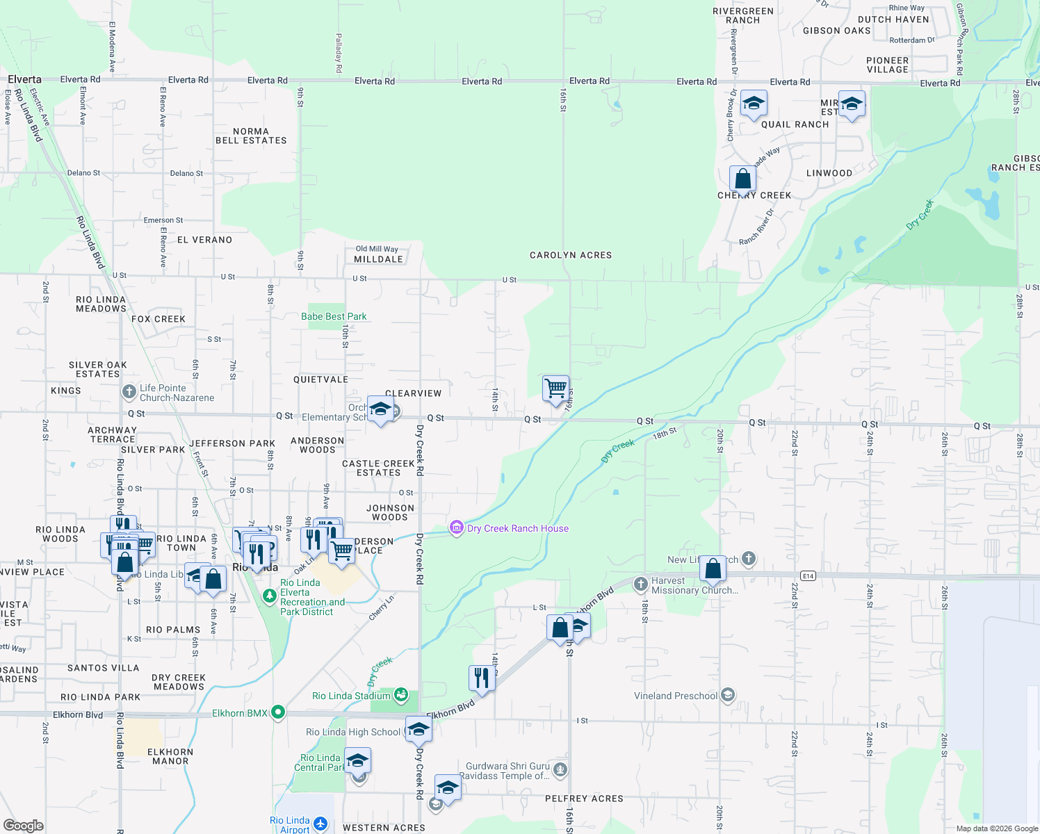map of restaurants, bars, coffee shops, grocery stores, and more near 1449 Q Street in Rio Linda