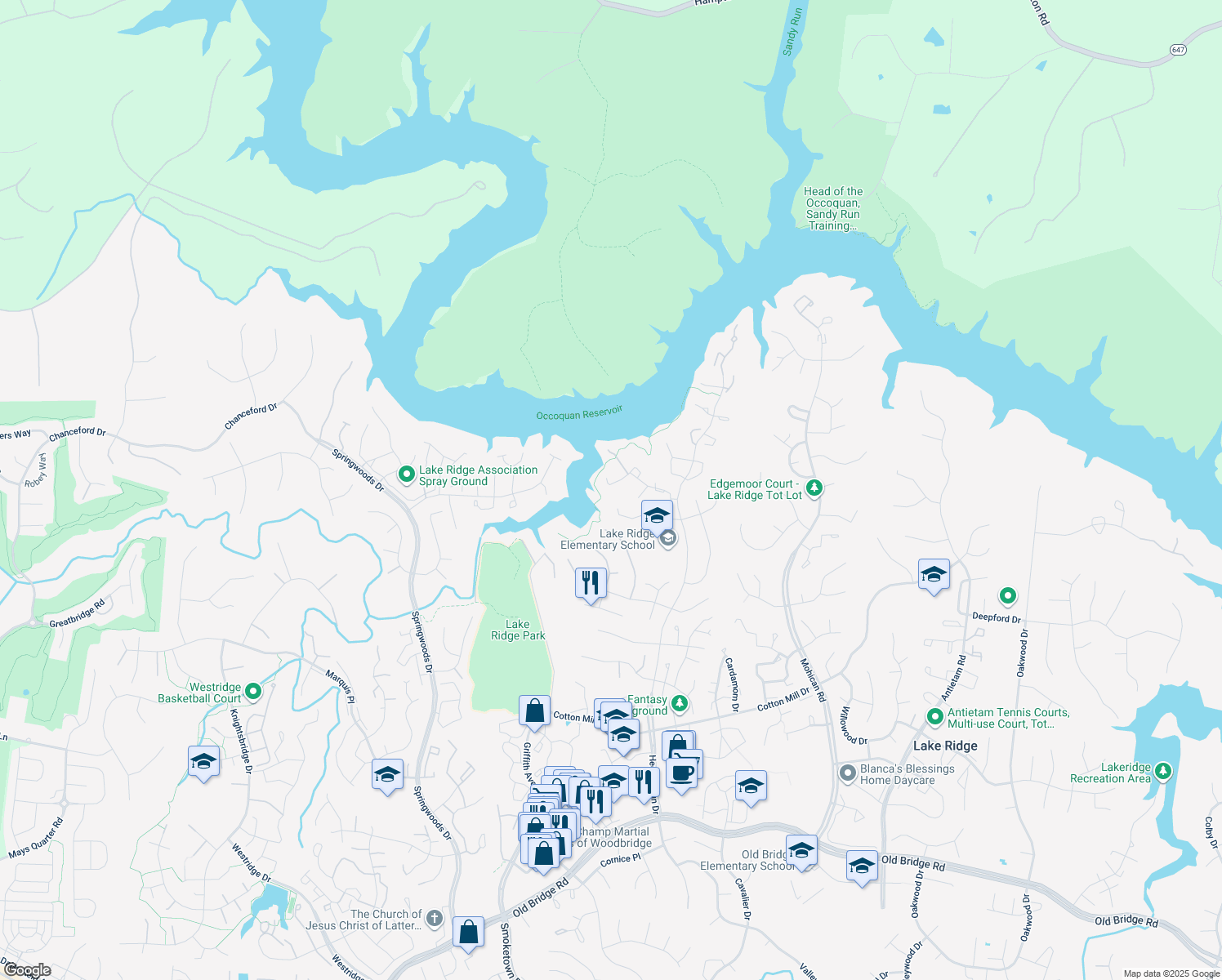map of restaurants, bars, coffee shops, grocery stores, and more near 3499 Aviary Way in Woodbridge