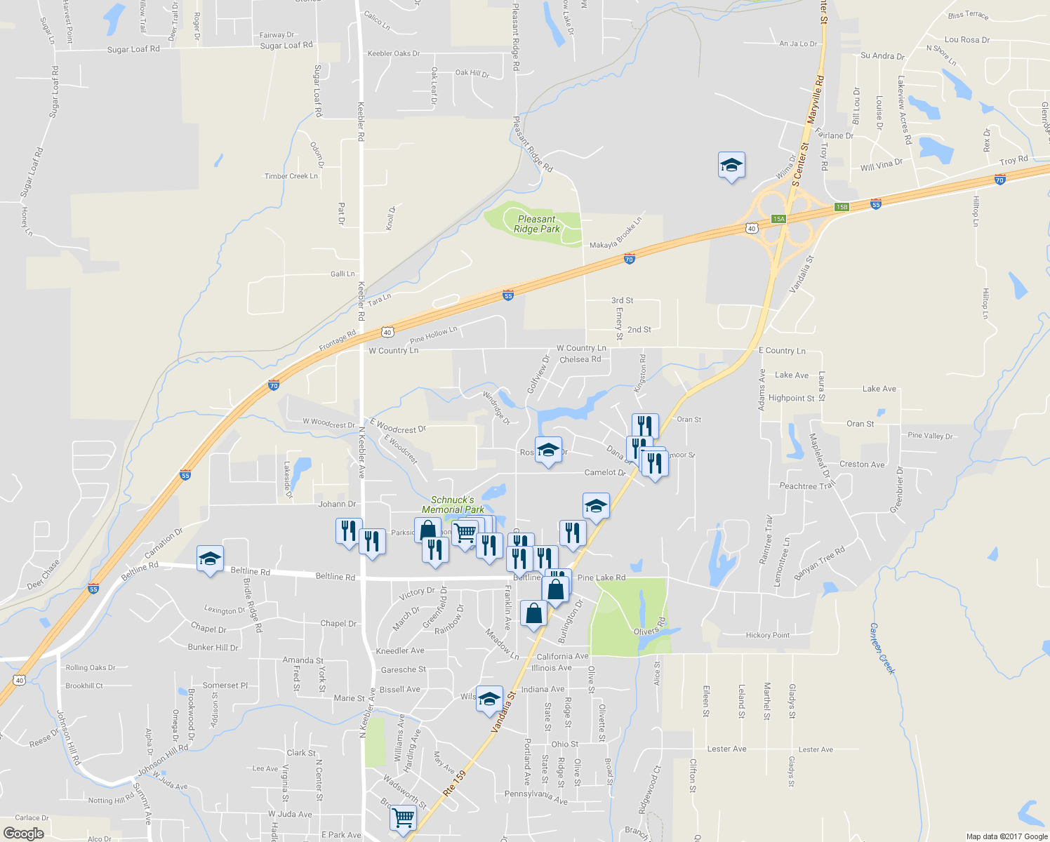 map of restaurants, bars, coffee shops, grocery stores, and more near 102 Windridge Drive in Collinsville