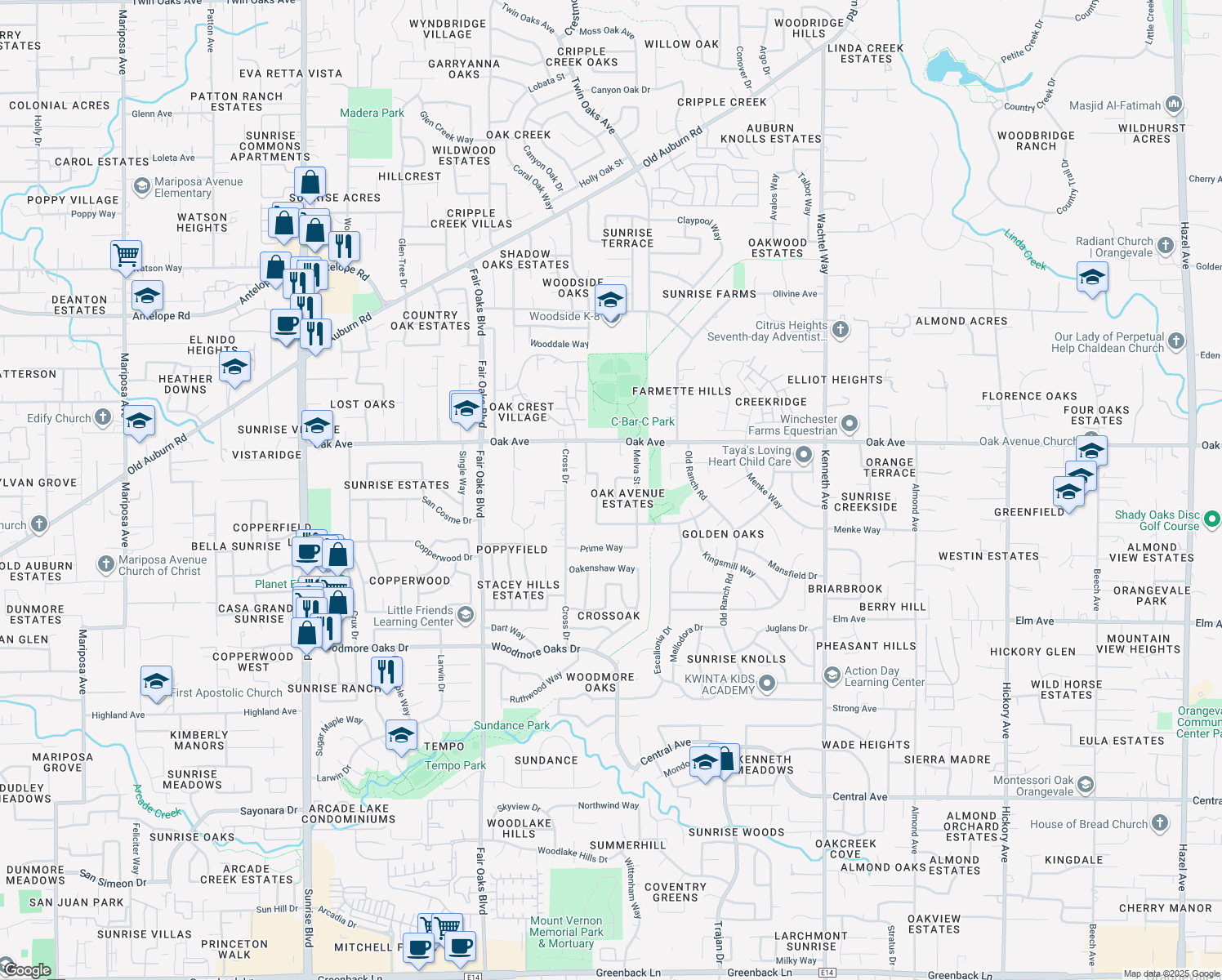 map of restaurants, bars, coffee shops, grocery stores, and more near 7236 Mandarin Circle in Citrus Heights