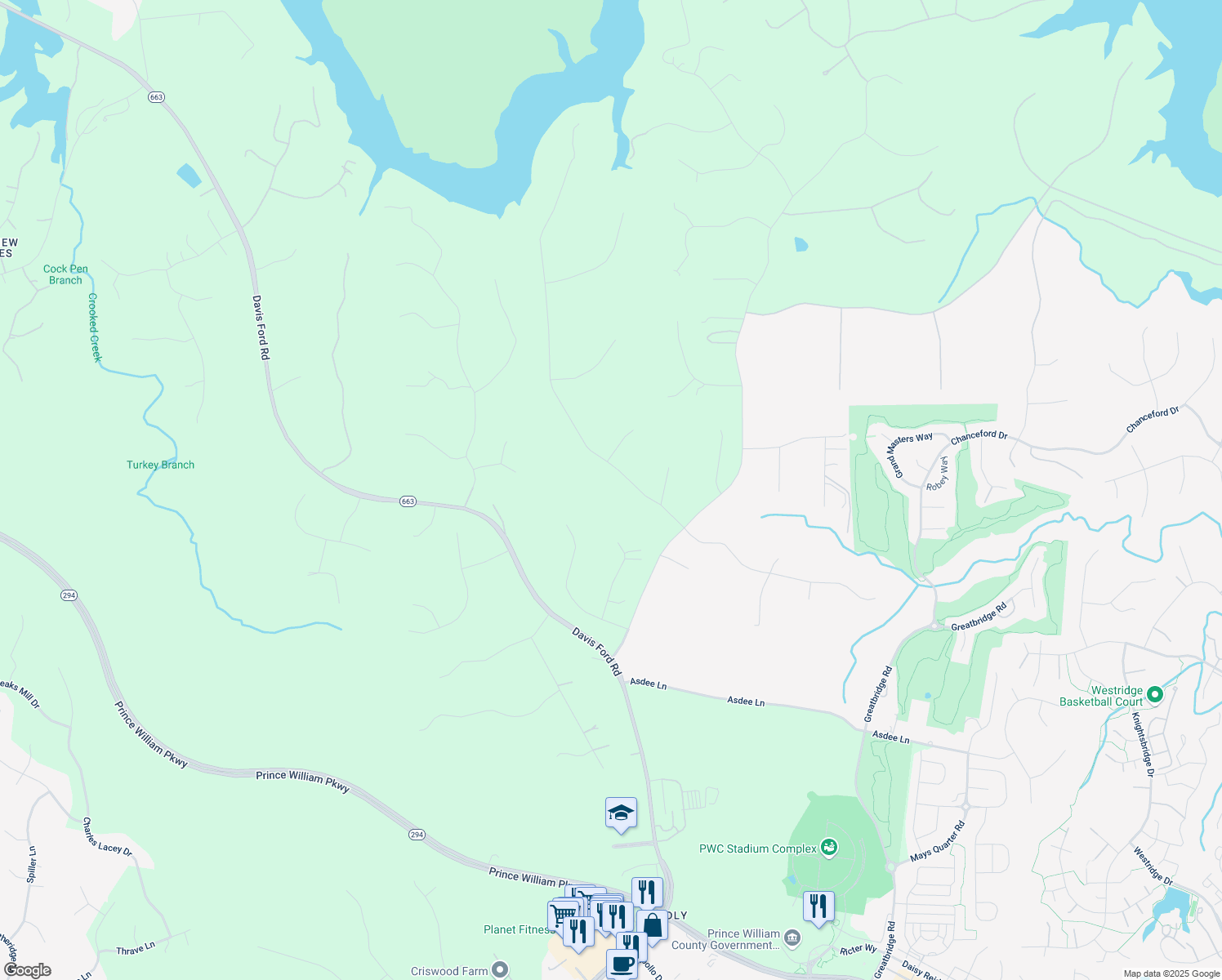 map of restaurants, bars, coffee shops, grocery stores, and more near 5025 Cannon Bluff Drive in Woodbridge