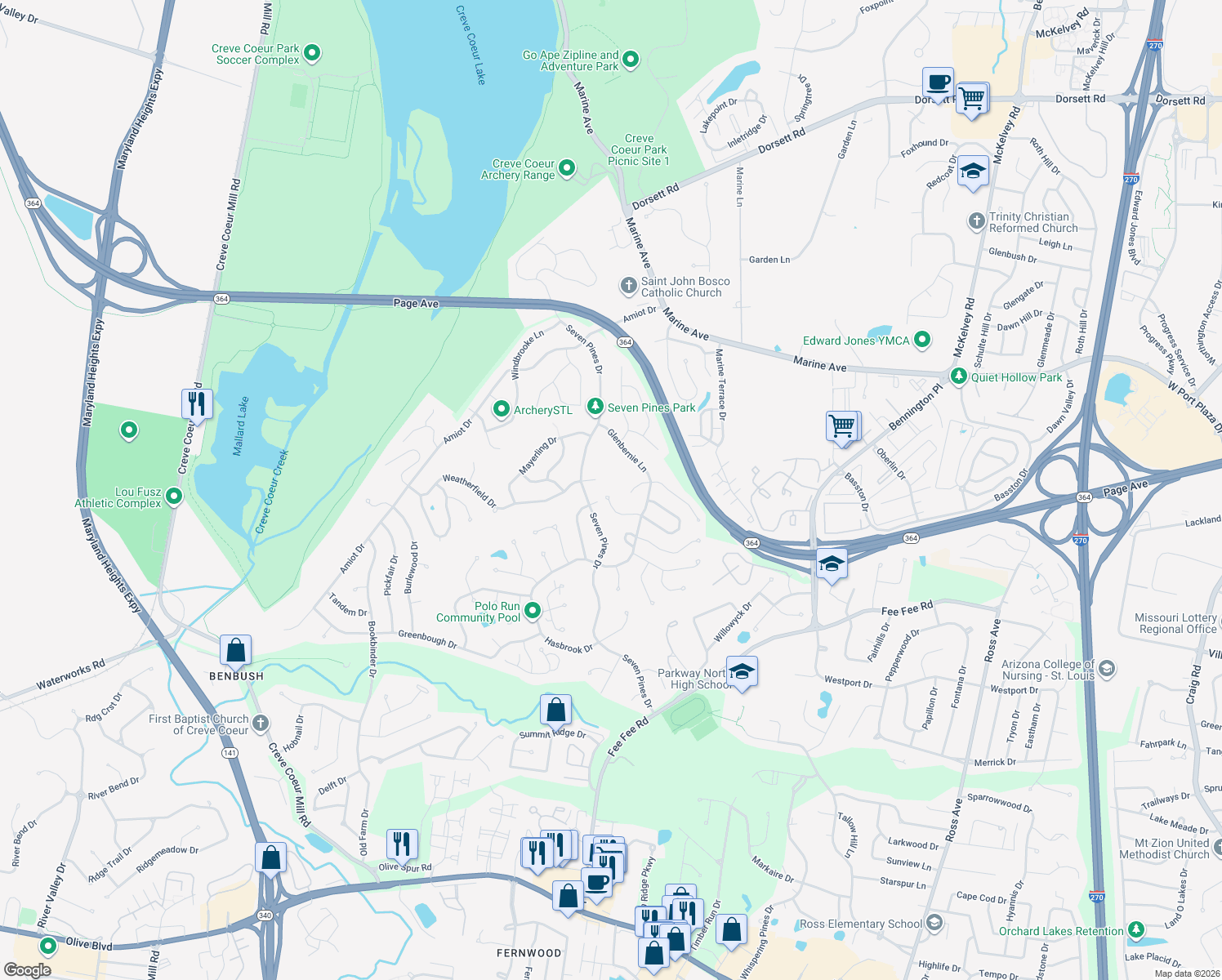 map of restaurants, bars, coffee shops, grocery stores, and more near 2028 Sandfield Drive in Saint Louis