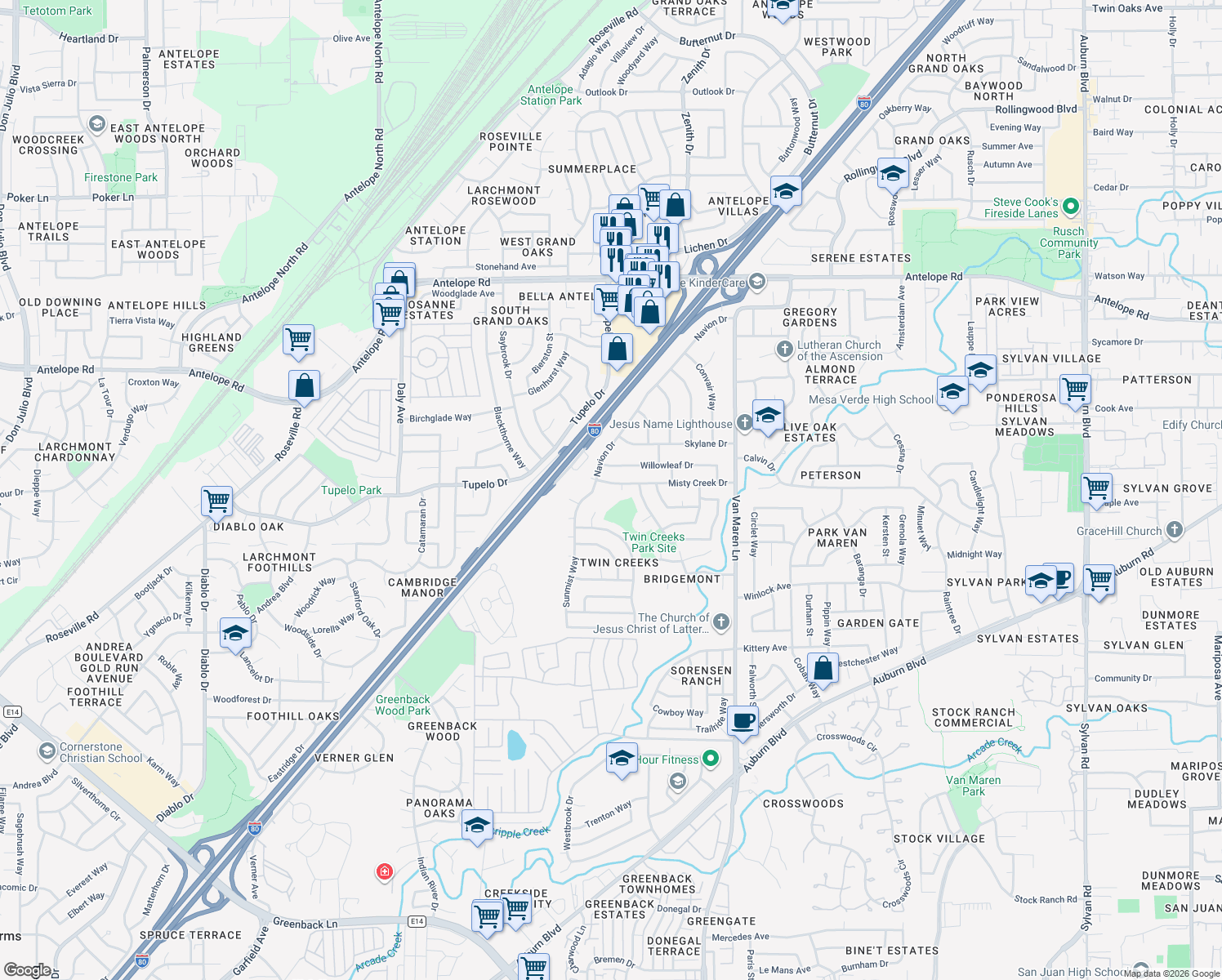 map of restaurants, bars, coffee shops, grocery stores, and more near 6512 Misty Creek Drive in Citrus Heights