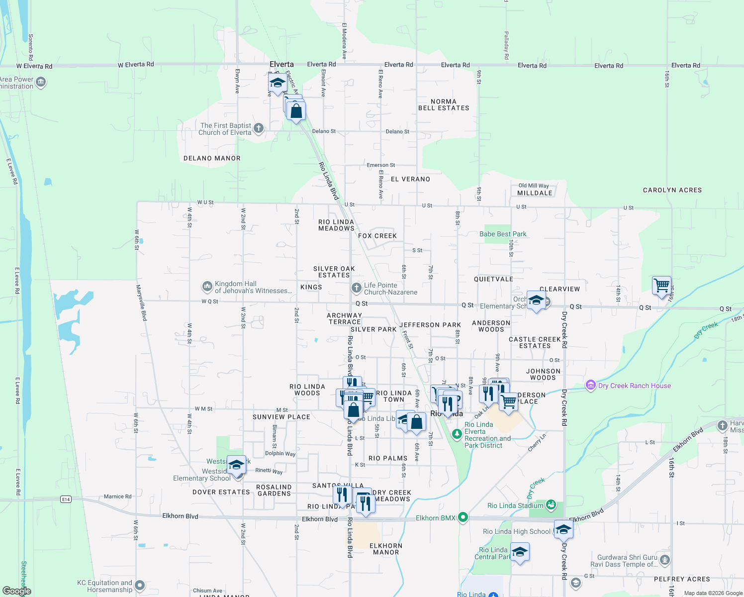 map of restaurants, bars, coffee shops, grocery stores, and more near 437 Q Street in Rio Linda