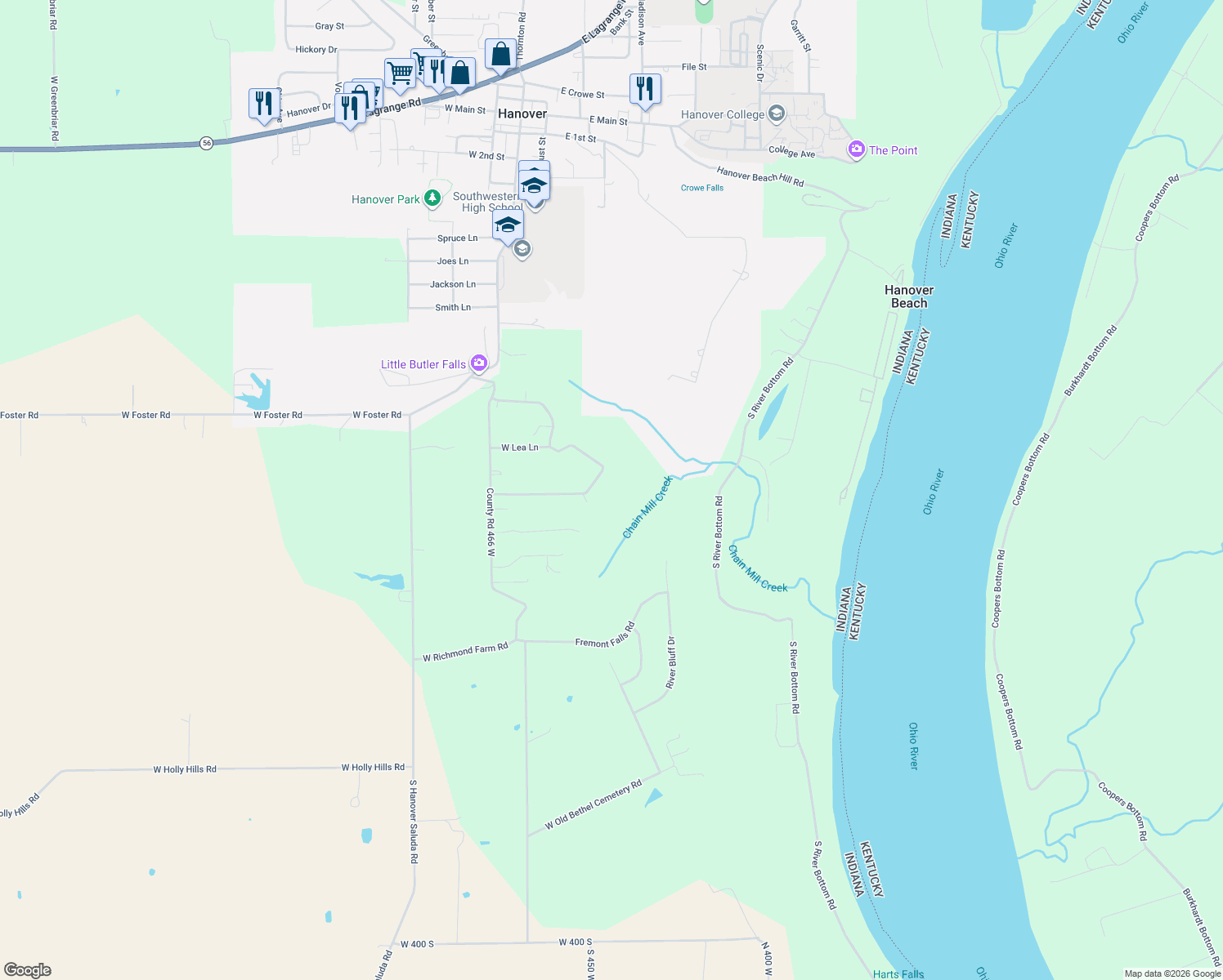map of restaurants, bars, coffee shops, grocery stores, and more near 2549 South College Hills Drive in Hanover
