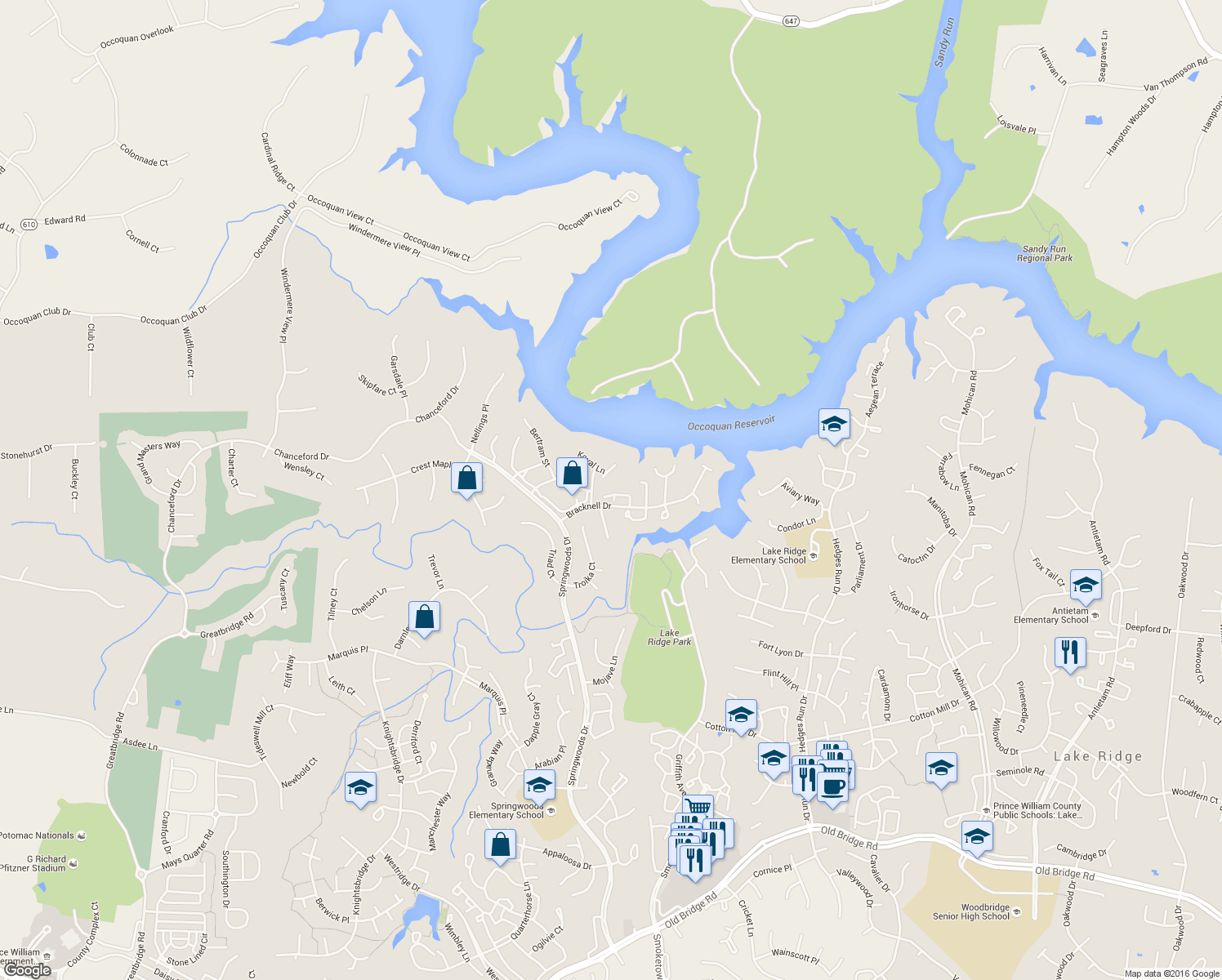 map of restaurants, bars, coffee shops, grocery stores, and more near 3786 Tonbridge Place in Woodbridge