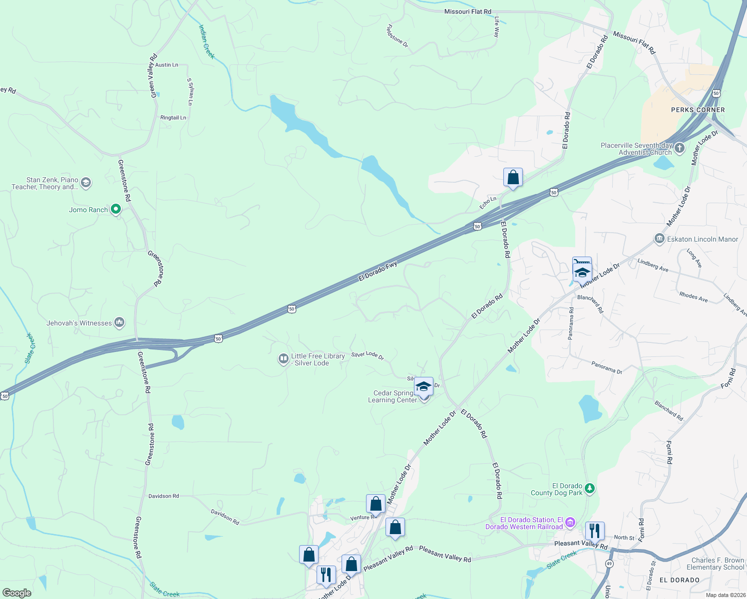 map of restaurants, bars, coffee shops, grocery stores, and more near 4040 Strickland Mine Road in Placerville