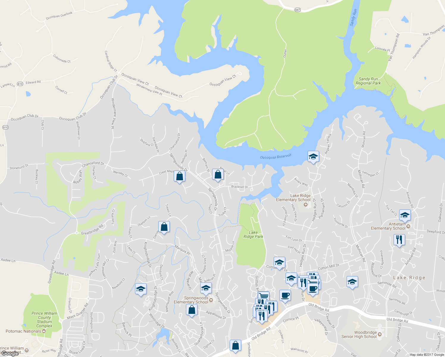 map of restaurants, bars, coffee shops, grocery stores, and more near 11757 Tolson Place in Woodbridge