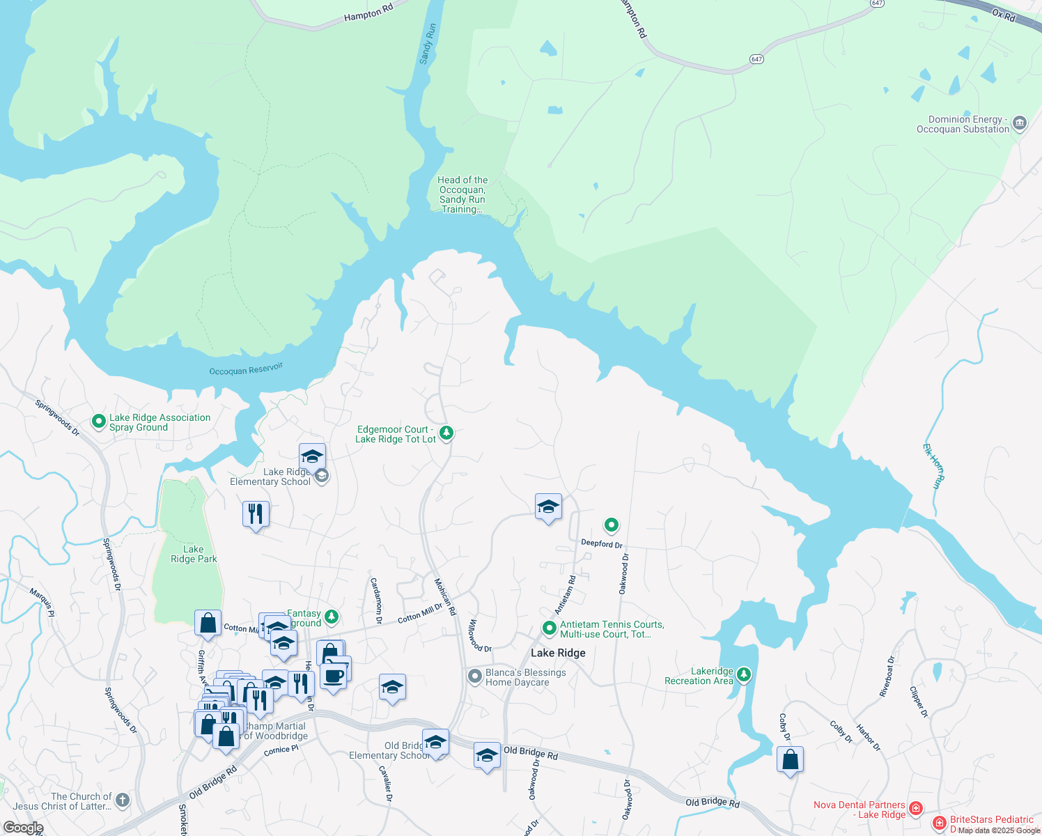 map of restaurants, bars, coffee shops, grocery stores, and more near 2814 John Coffee Court in Woodbridge