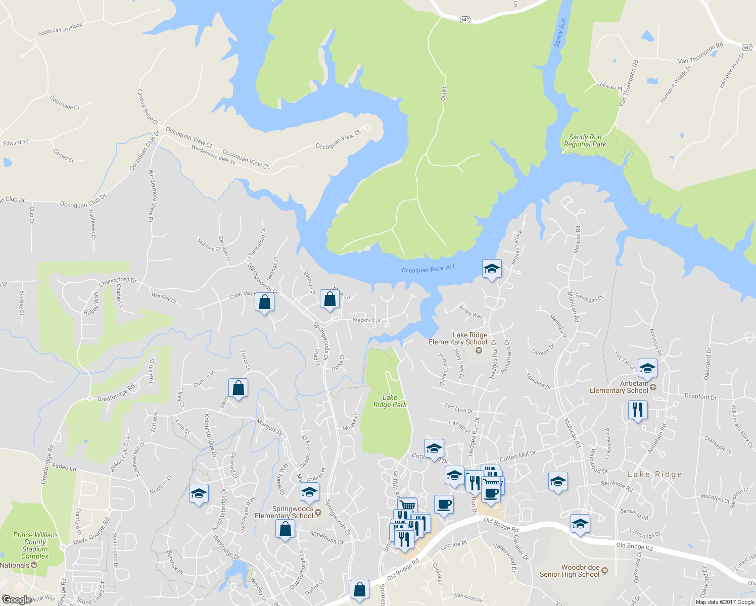 map of restaurants, bars, coffee shops, grocery stores, and more near 11741 Barrows Lane in Woodbridge