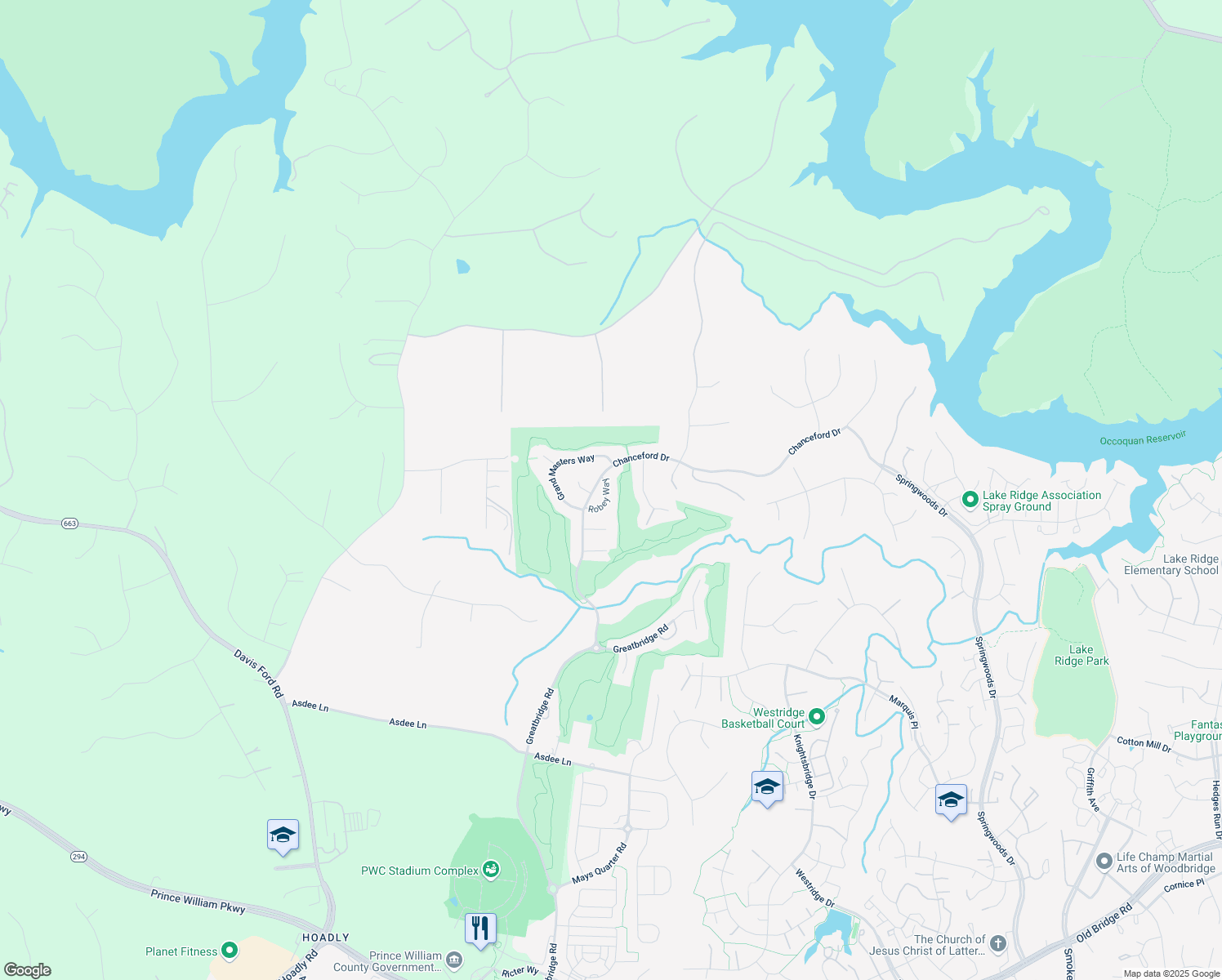 map of restaurants, bars, coffee shops, grocery stores, and more near 4573 Robey Way in Woodbridge