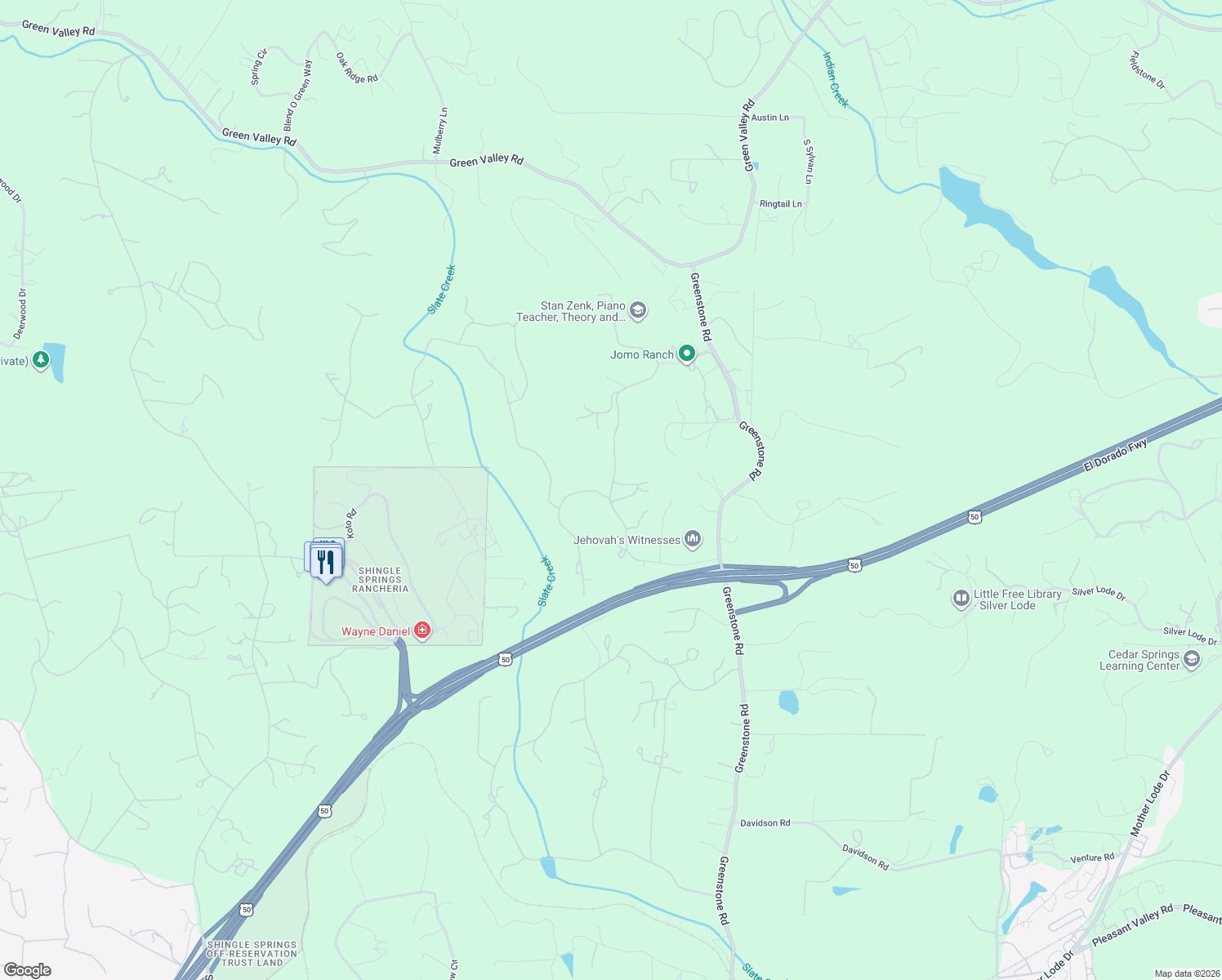 map of restaurants, bars, coffee shops, grocery stores, and more near 5441 Rolling Rock Road in Placerville
