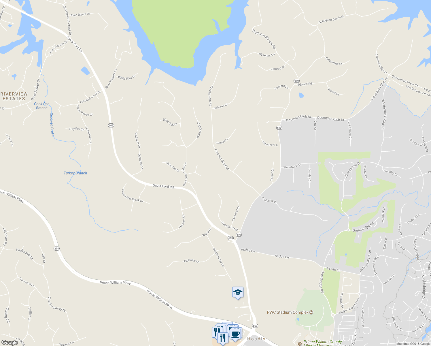 map of restaurants, bars, coffee shops, grocery stores, and more near 5043 Cannon Bluff Drive in Woodbridge