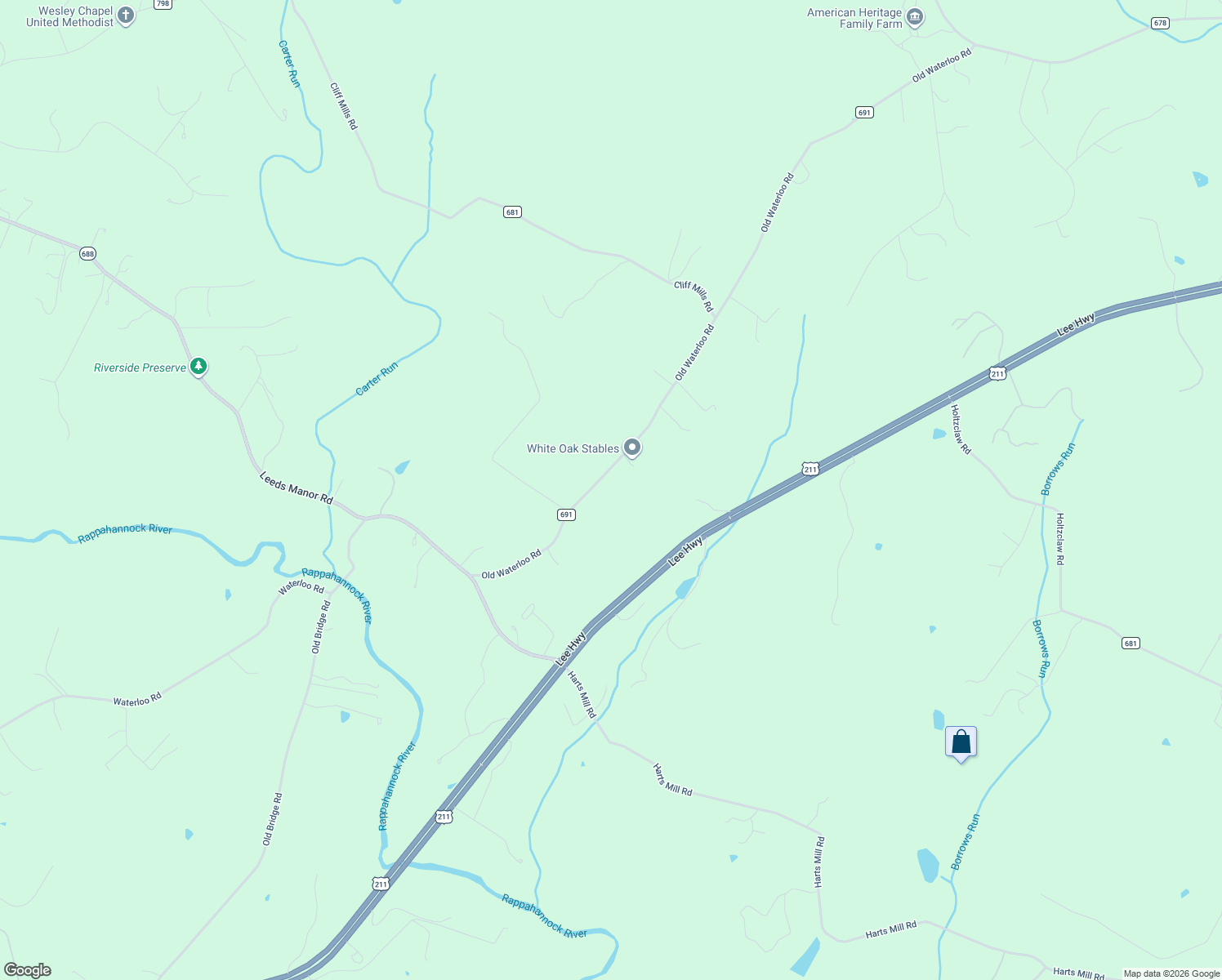 map of restaurants, bars, coffee shops, grocery stores, and more near 9407 County Road 691 in Warrenton