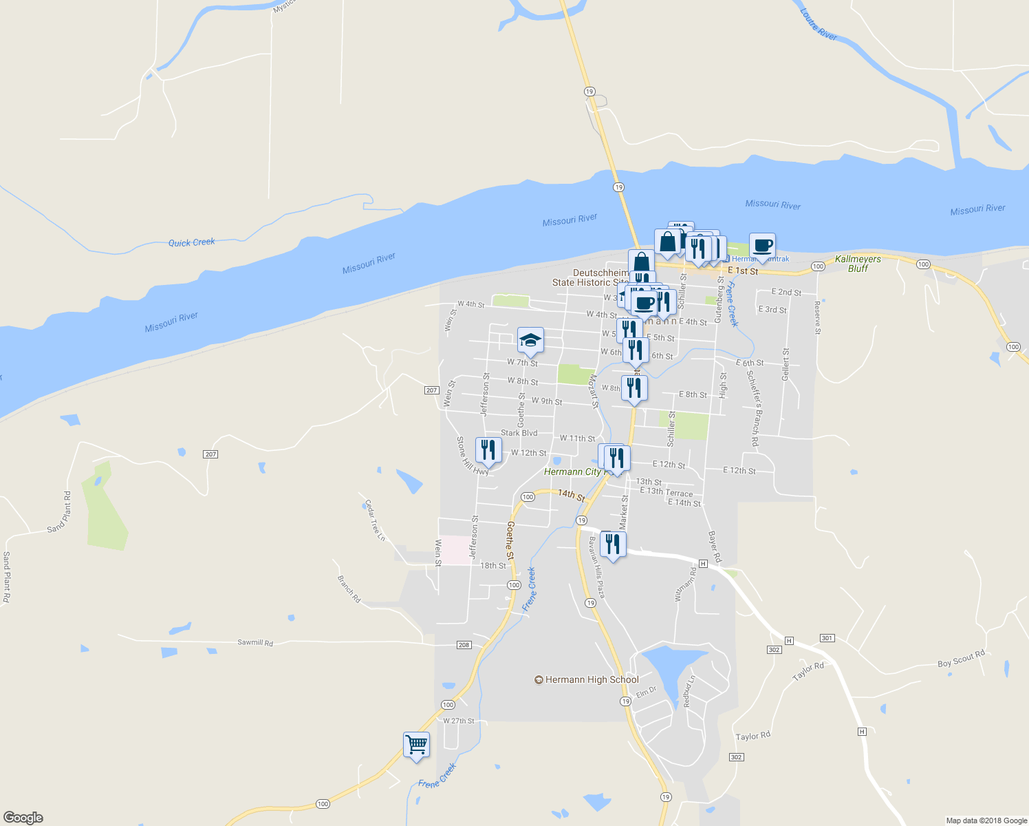 map of restaurants, bars, coffee shops, grocery stores, and more near 417 West 10th Street in Hermann