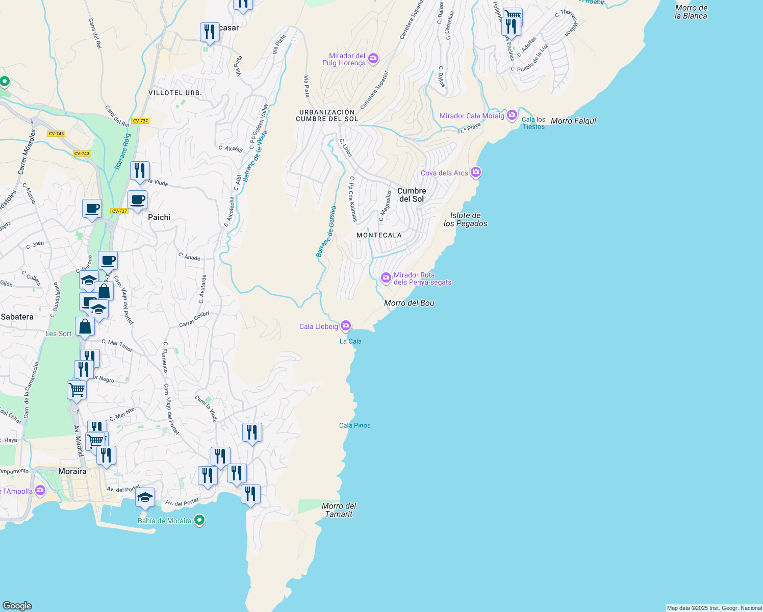 map of restaurants, bars, coffee shops, grocery stores, and more near 92 Calle Palmeras in Benitachell