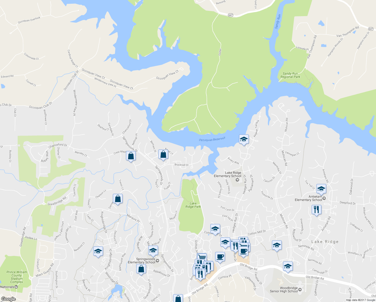 map of restaurants, bars, coffee shops, grocery stores, and more near 3706 La Harve Place in Woodbridge