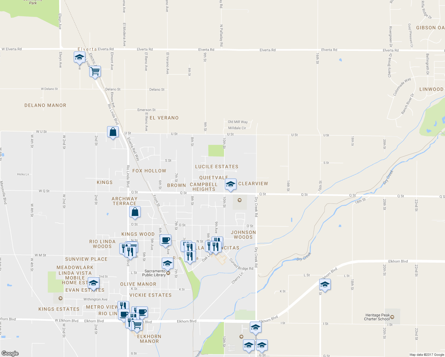 map of restaurants, bars, coffee shops, grocery stores, and more near 7257 10th Street in Rio Linda