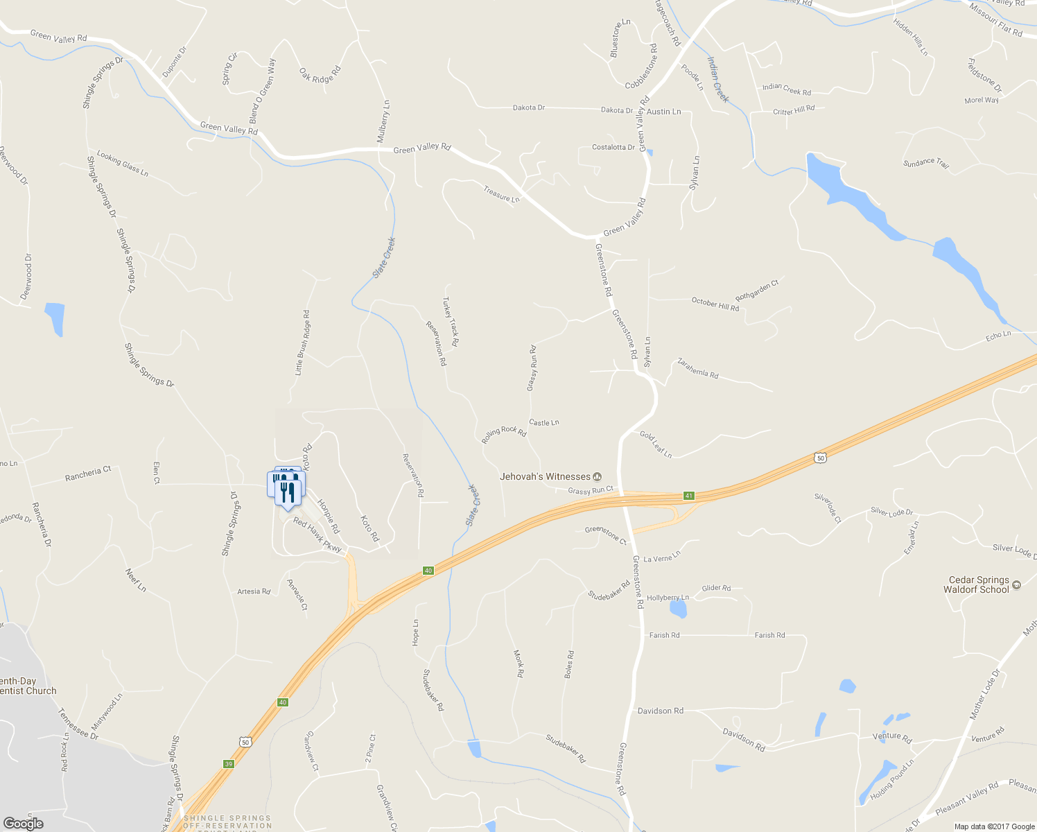 map of restaurants, bars, coffee shops, grocery stores, and more near 5441 Rolling Rock Road in Placerville