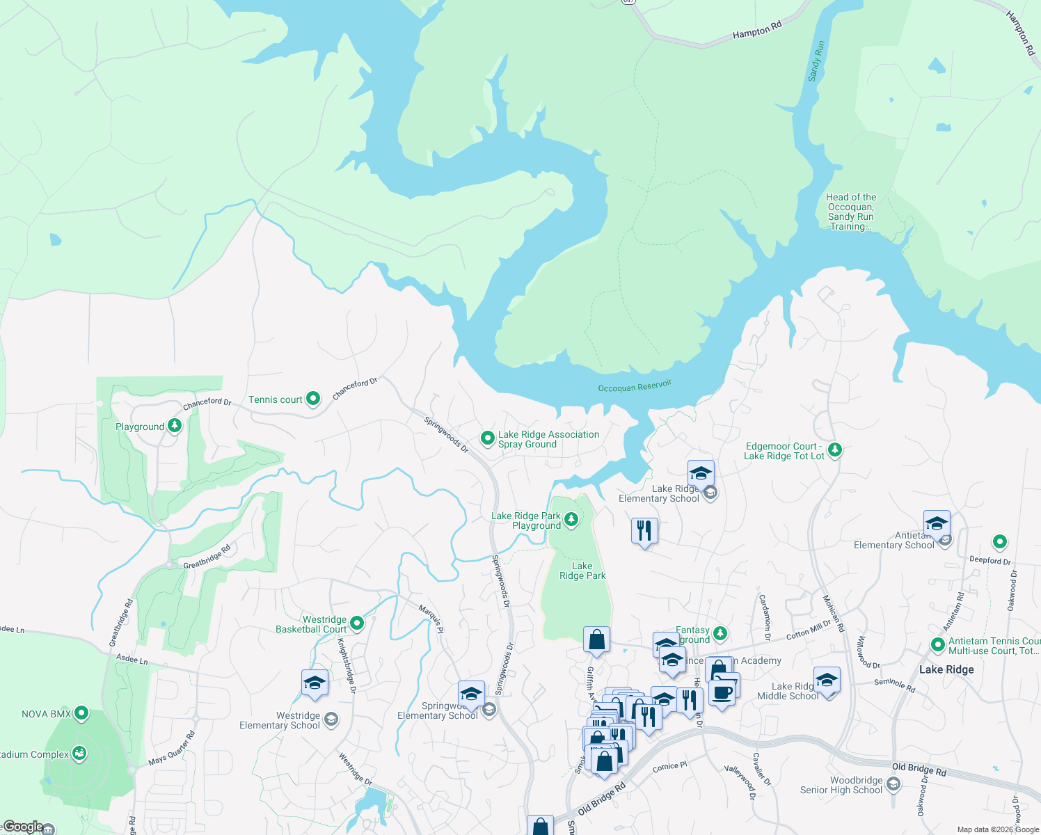 map of restaurants, bars, coffee shops, grocery stores, and more near 3836 Koval Lane in Woodbridge