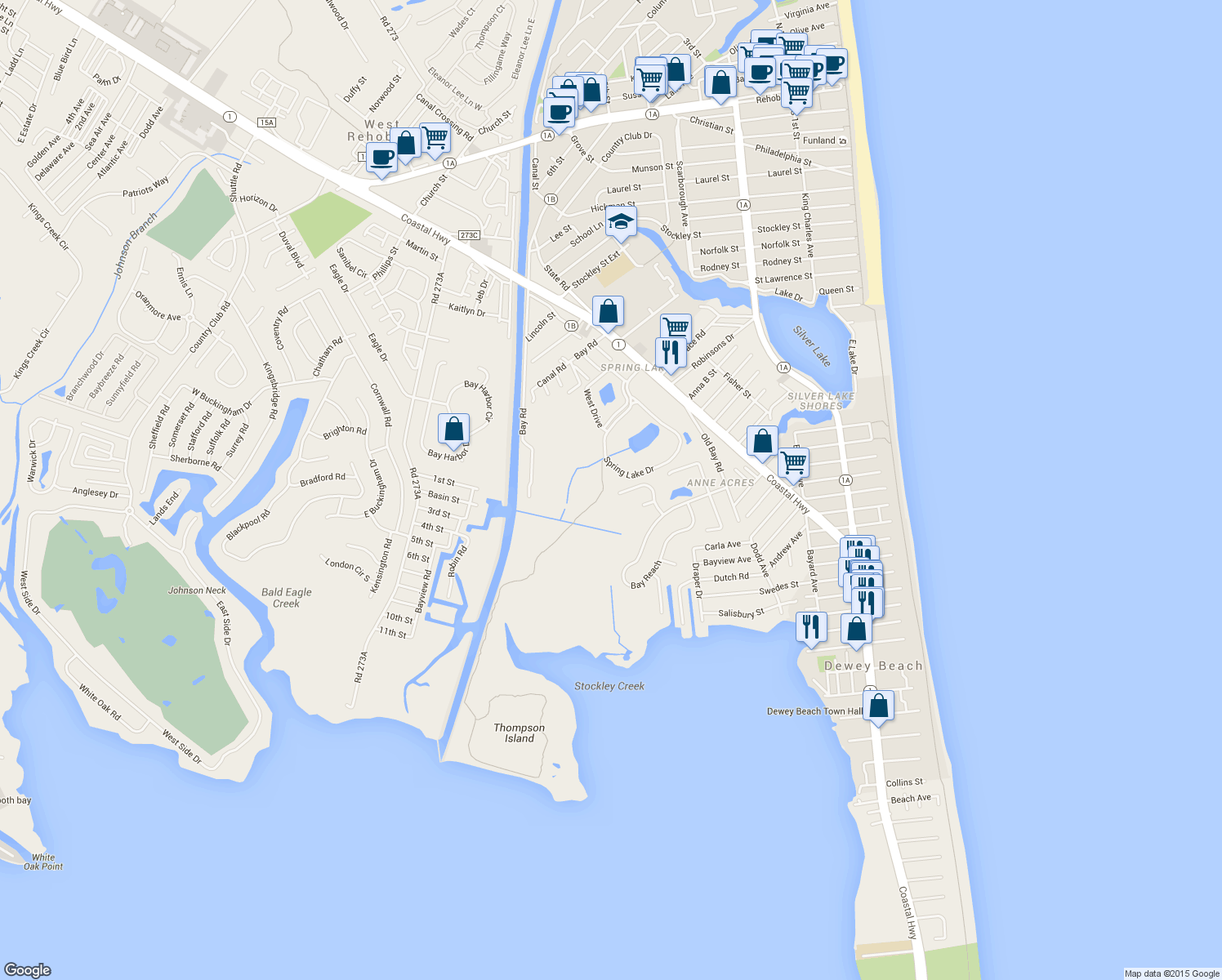 map of restaurants, bars, coffee shops, grocery stores, and more near 24 Holly Ridge in Rehoboth Beach
