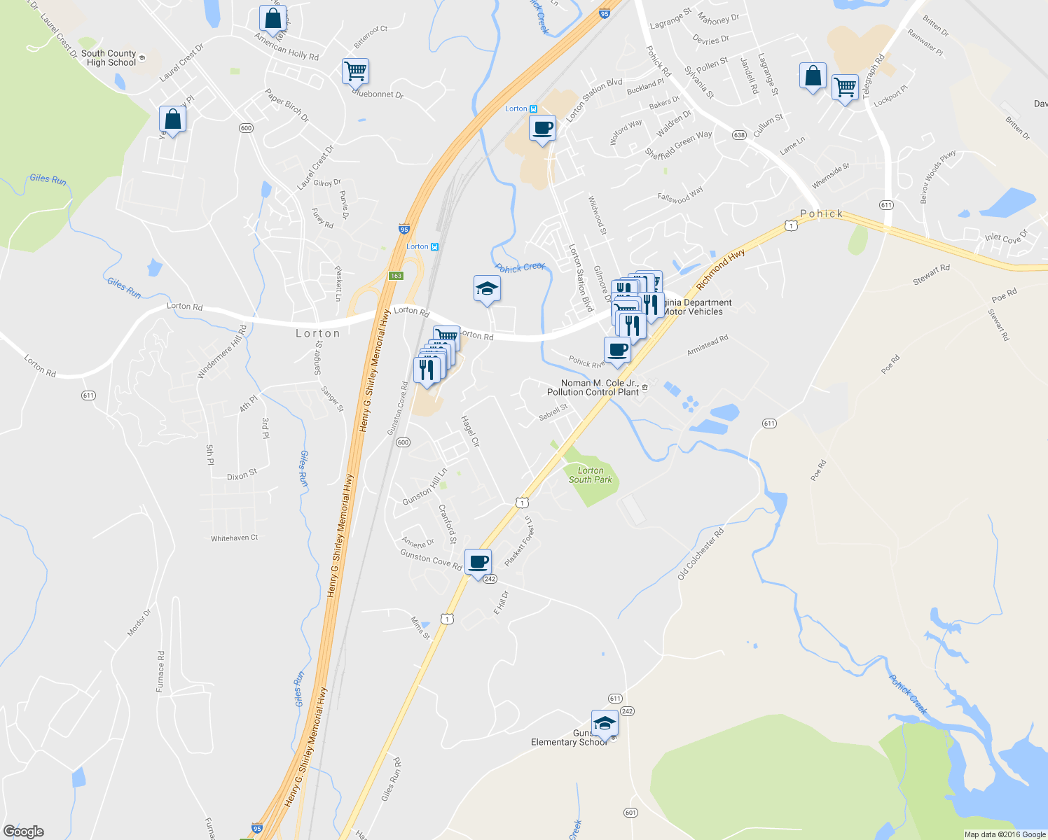 map of restaurants, bars, coffee shops, grocery stores, and more near 7836 Shepherd Hills Ct in Lorton