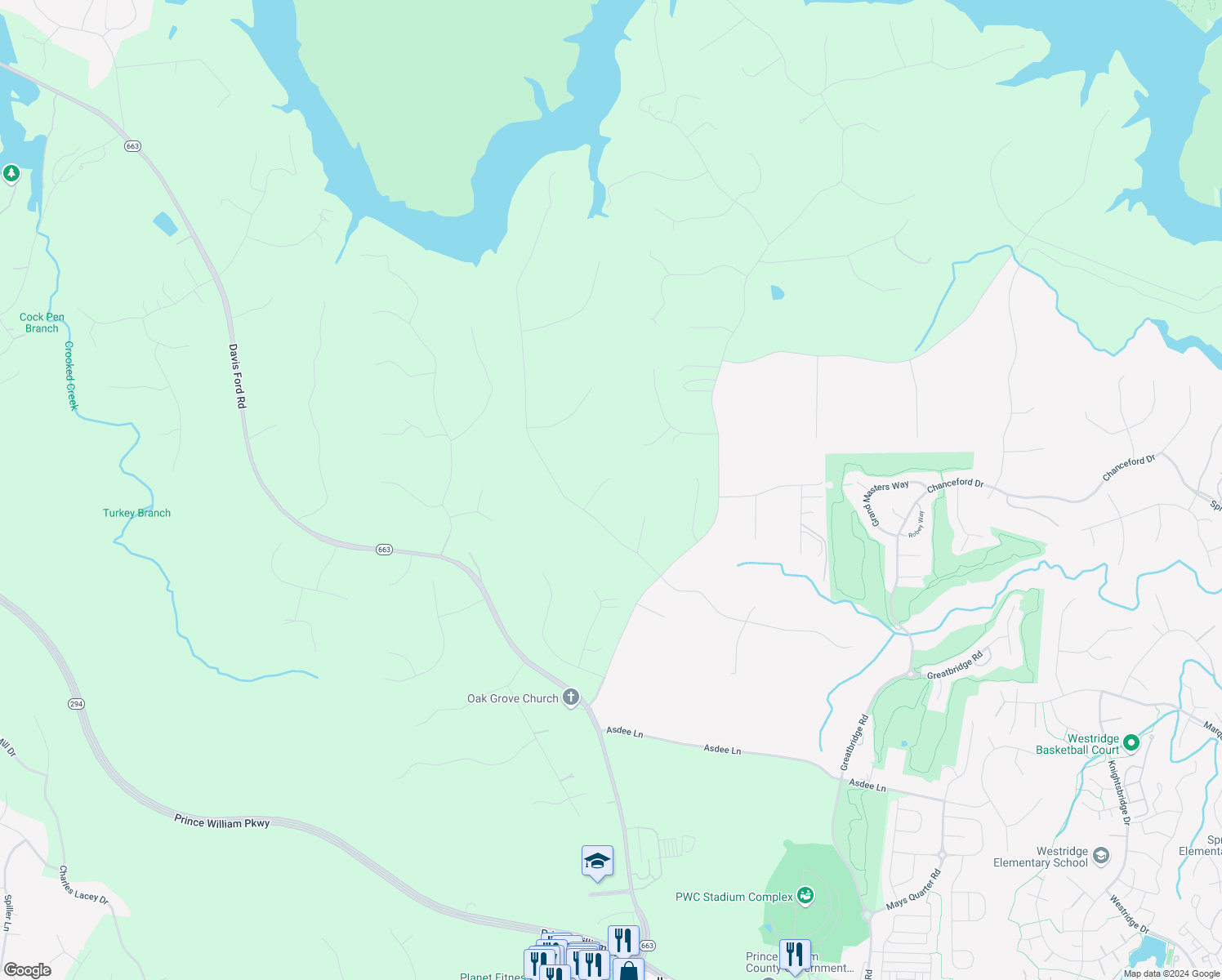 map of restaurants, bars, coffee shops, grocery stores, and more near 11785 Primer Court in Woodbridge