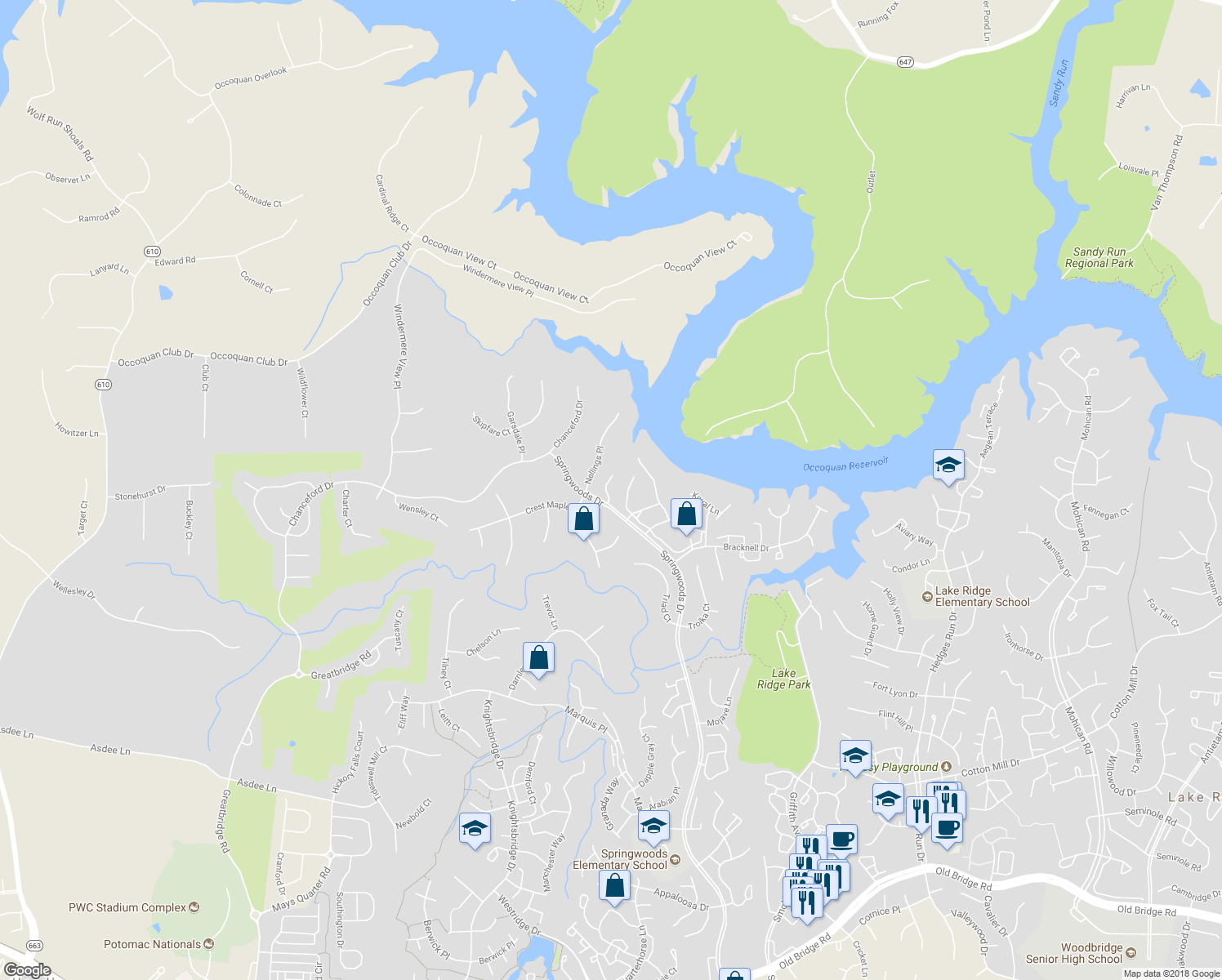 map of restaurants, bars, coffee shops, grocery stores, and more near 11659 Rumford Court in Woodbridge
