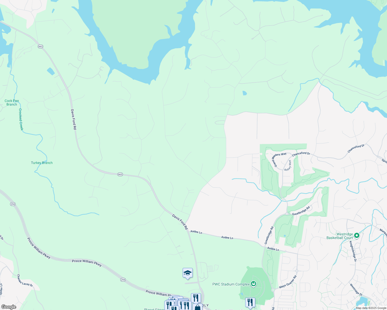 map of restaurants, bars, coffee shops, grocery stores, and more near 11785 Primer Court in Woodbridge