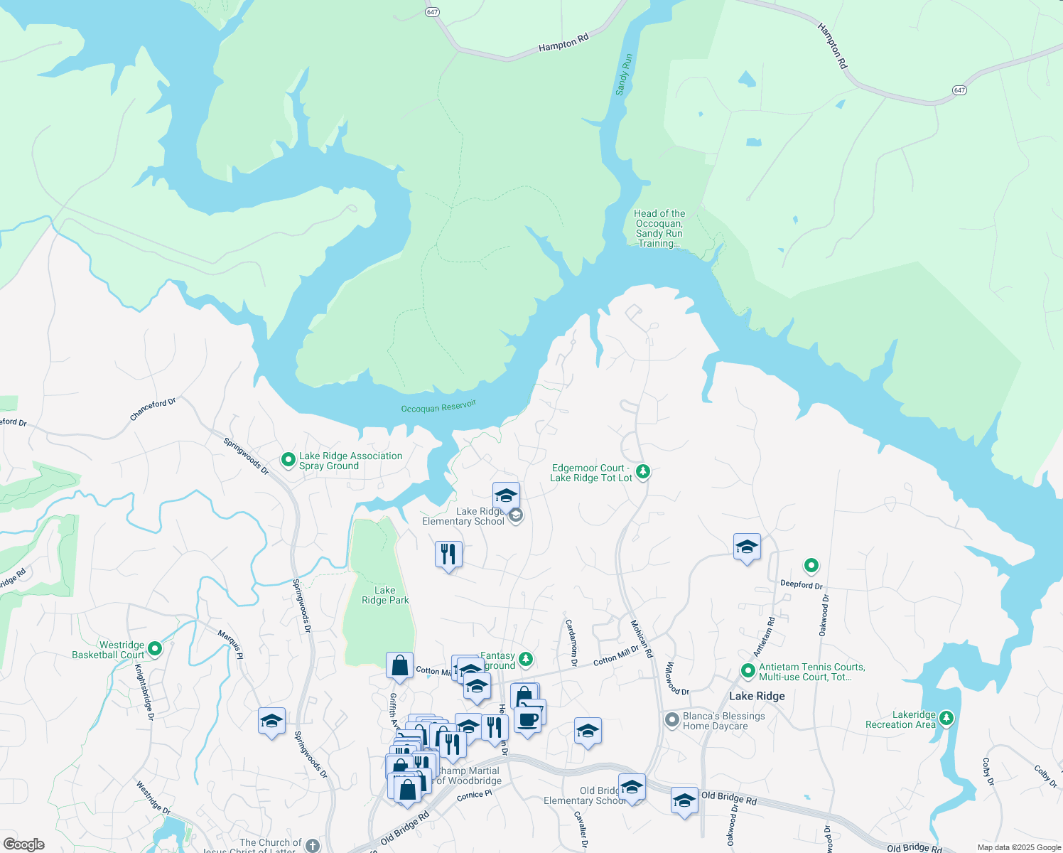 map of restaurants, bars, coffee shops, grocery stores, and more near 11686 Melcombe Court in Woodbridge
