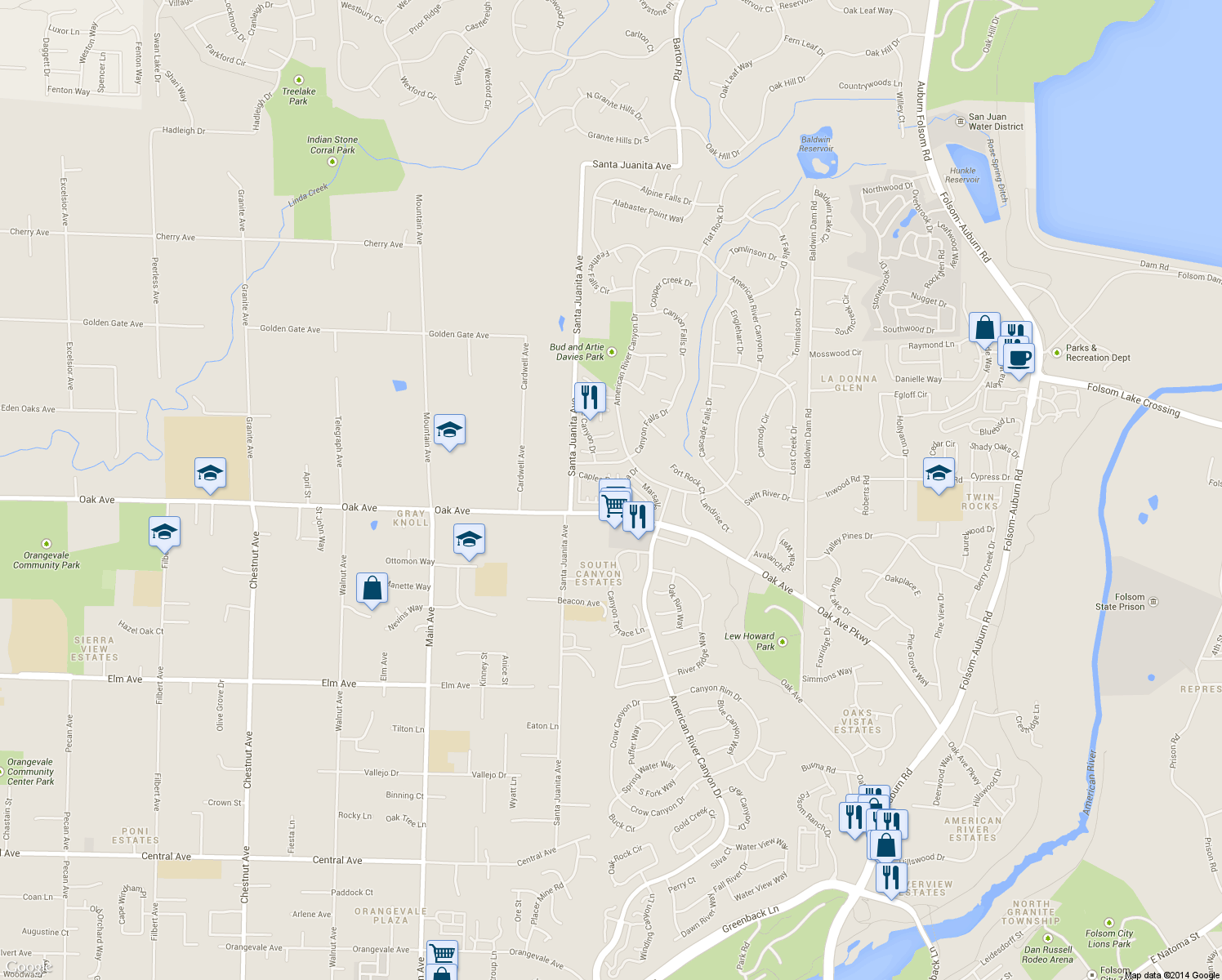 map of restaurants, bars, coffee shops, grocery stores, and more near 319 Marsalla Drive in Folsom