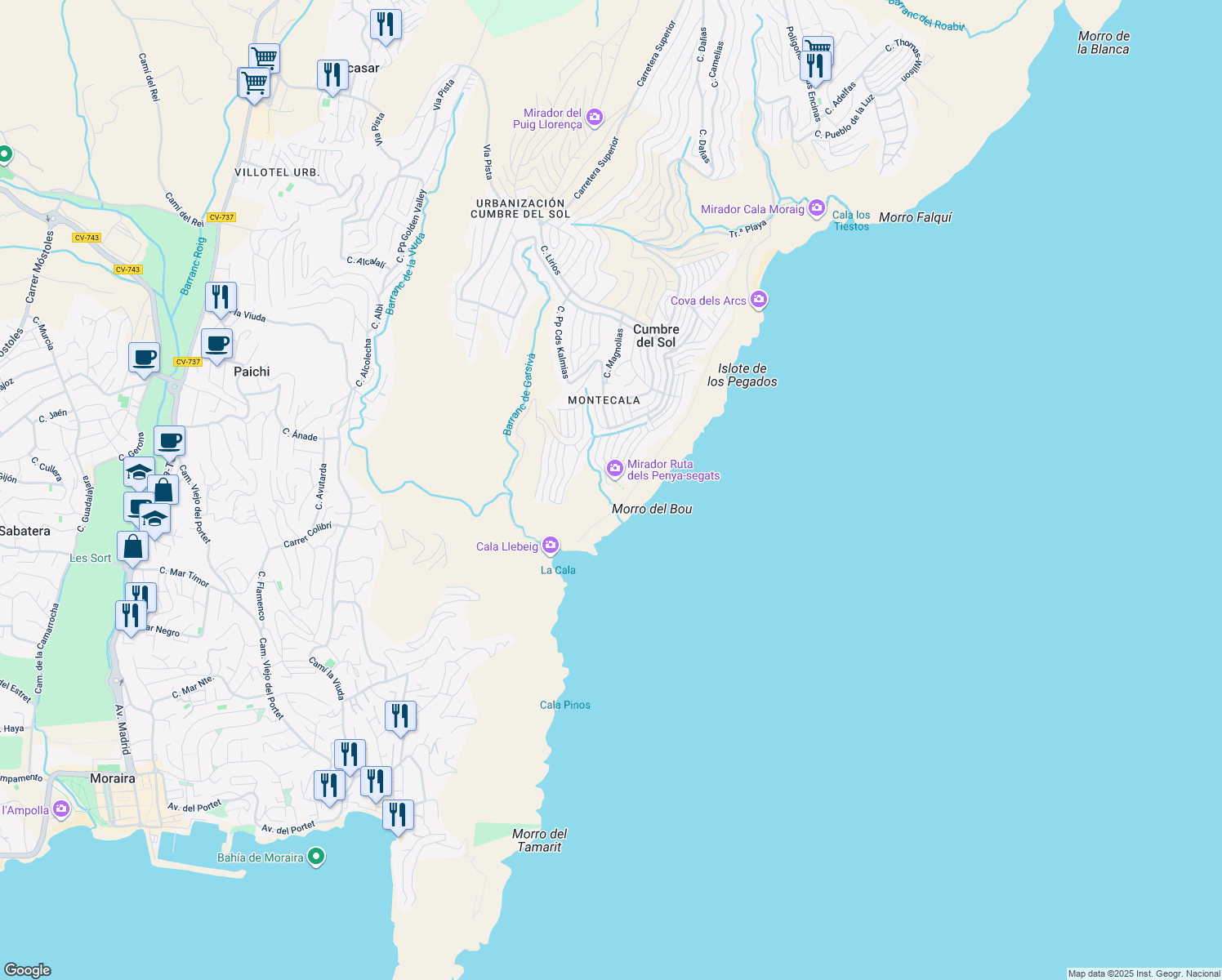 map of restaurants, bars, coffee shops, grocery stores, and more near 92 Calle Palmeras in Benitachell