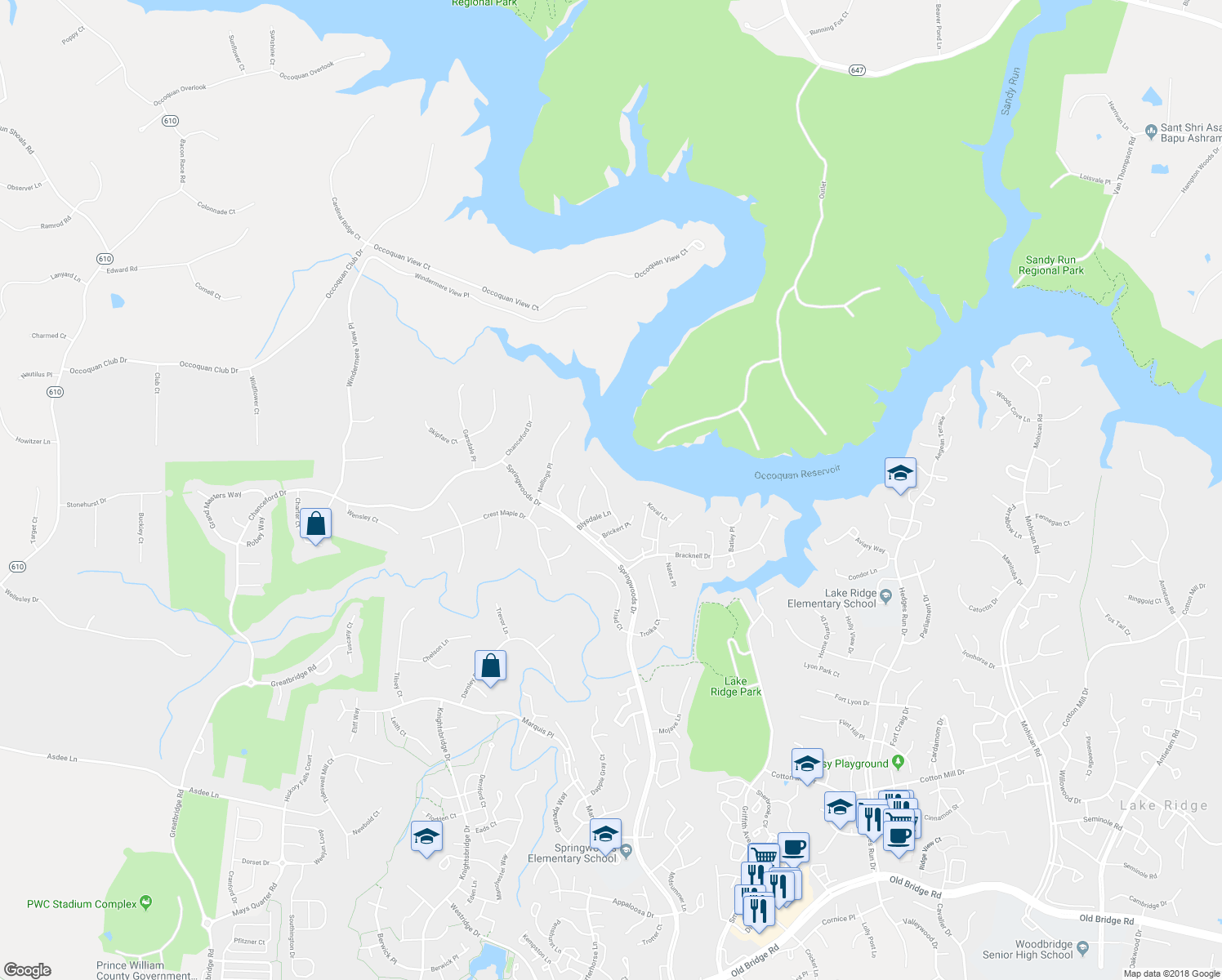 map of restaurants, bars, coffee shops, grocery stores, and more near 11541 Bertram Street in Woodbridge