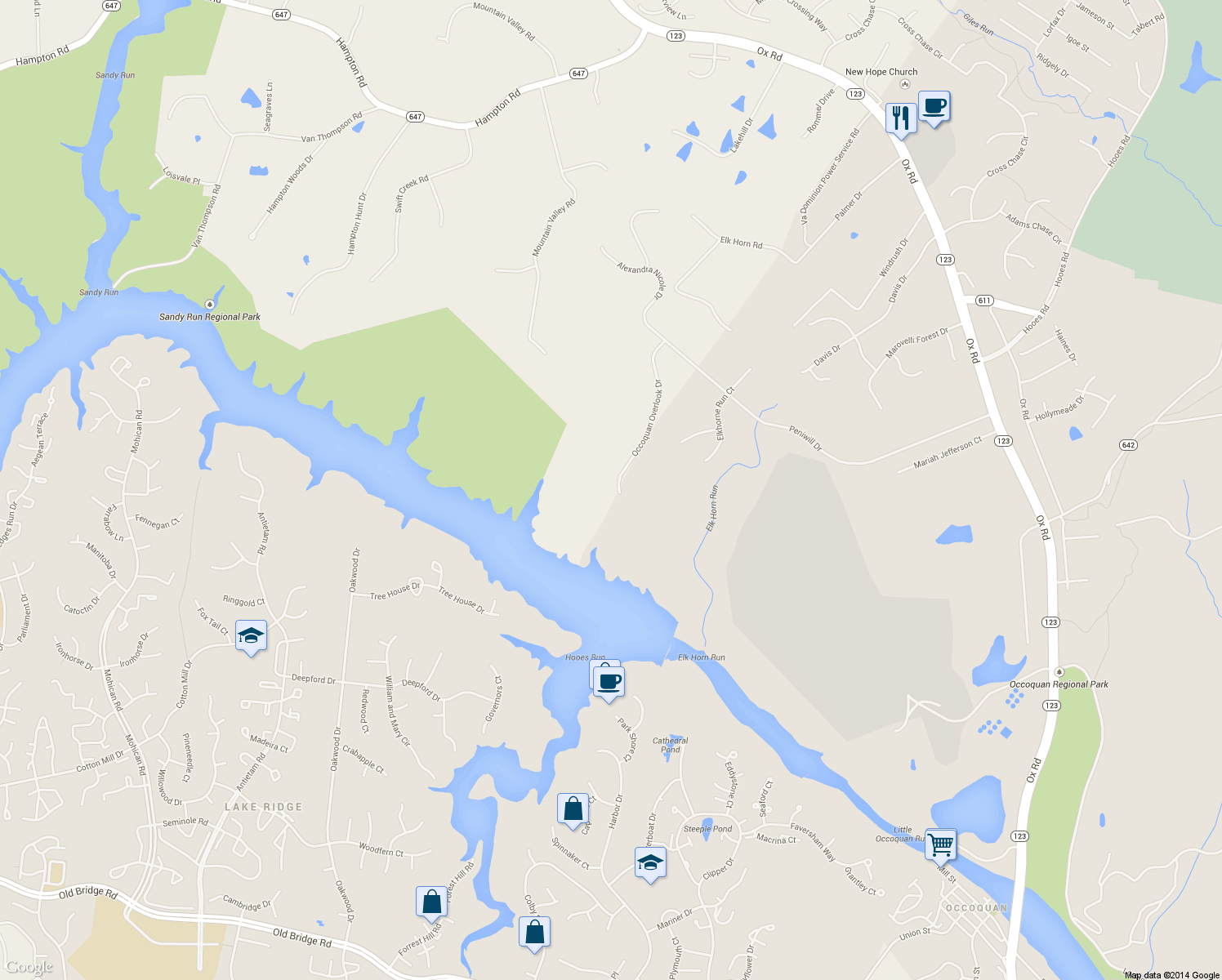 map of restaurants, bars, coffee shops, grocery stores, and more near 9352 Occoquan Overlook Drive in Lorton